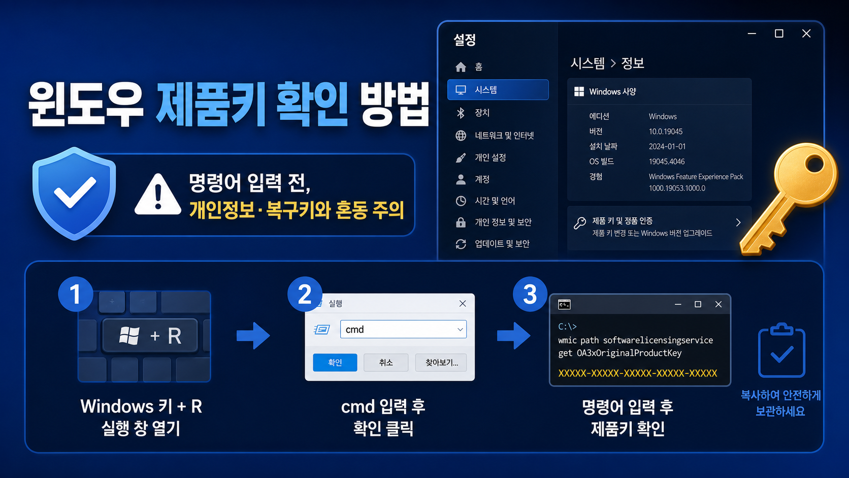 윈도우 제품키 확인 방법과 제품 키·복구 키를 공유하지 않는 주의사항을 보여 주는 한국어 정보카드