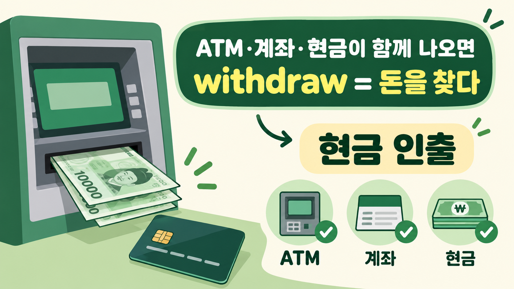 ATM과 현금 인출 맥락에서 withdraw 뜻을 설명하는 정보 카드