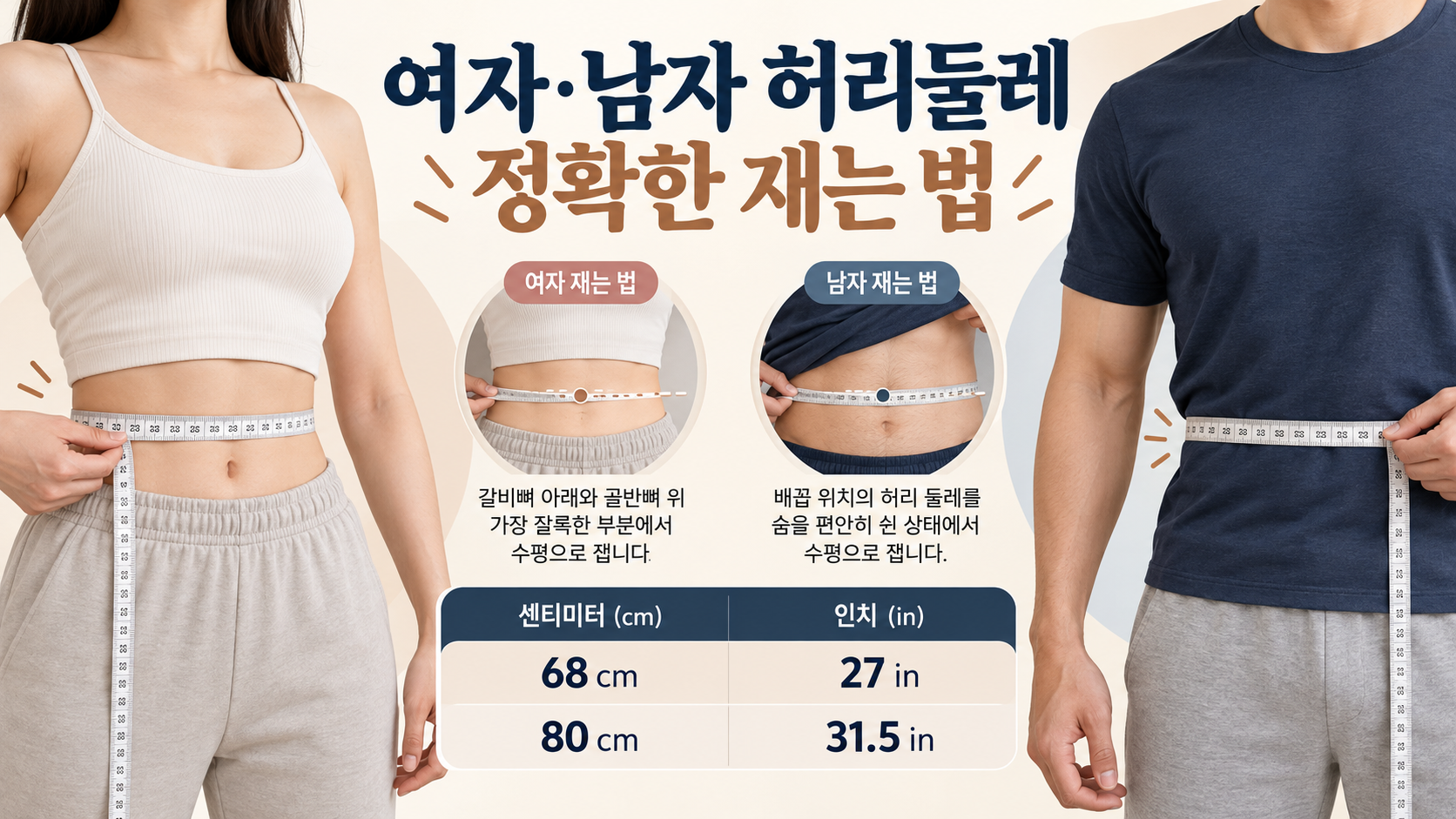 여자와 남자의 허리둘레 재는 법 및 cm 인치 환산을 보여 주는 정보카드