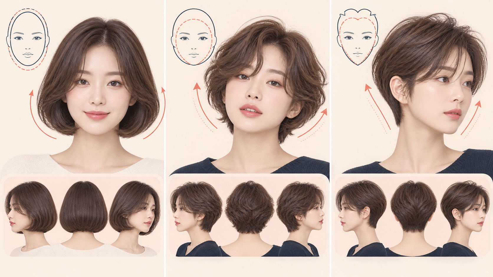 얼굴형별 숏컷과 숏컷펌 볼륨 배치 정보카드