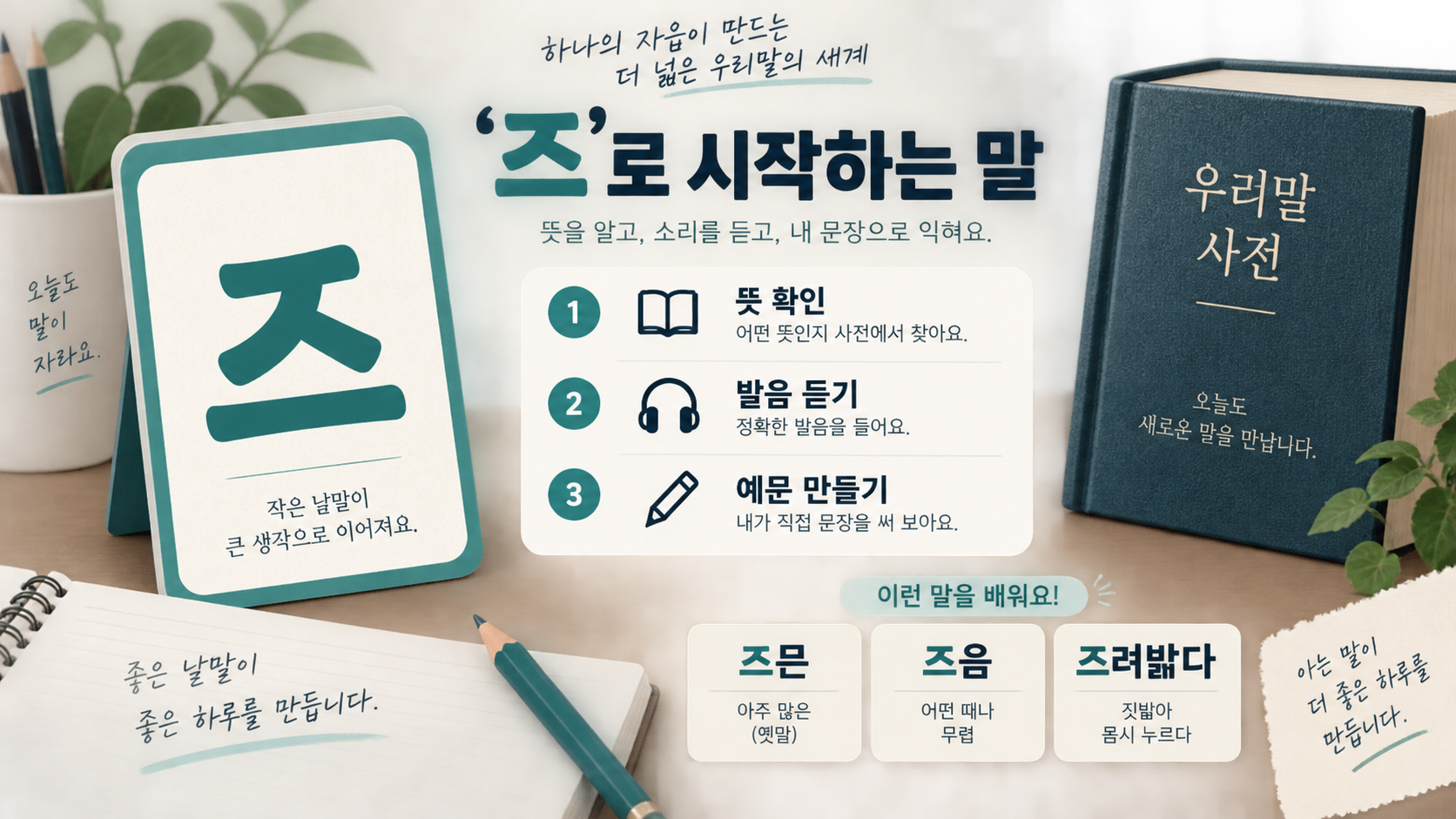 즈로 시작하는 단어를 익히는 세 단계 학습 정보카드