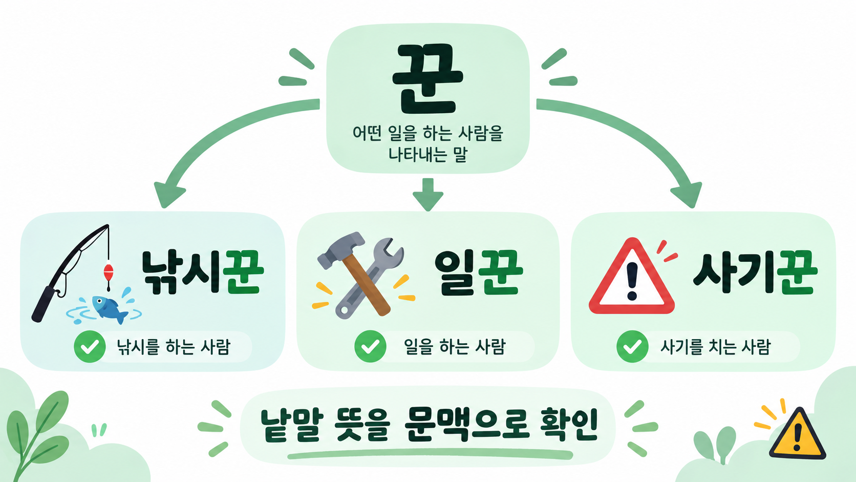 접미사 꾼과 독립 단어를 구분하는 안내 그림