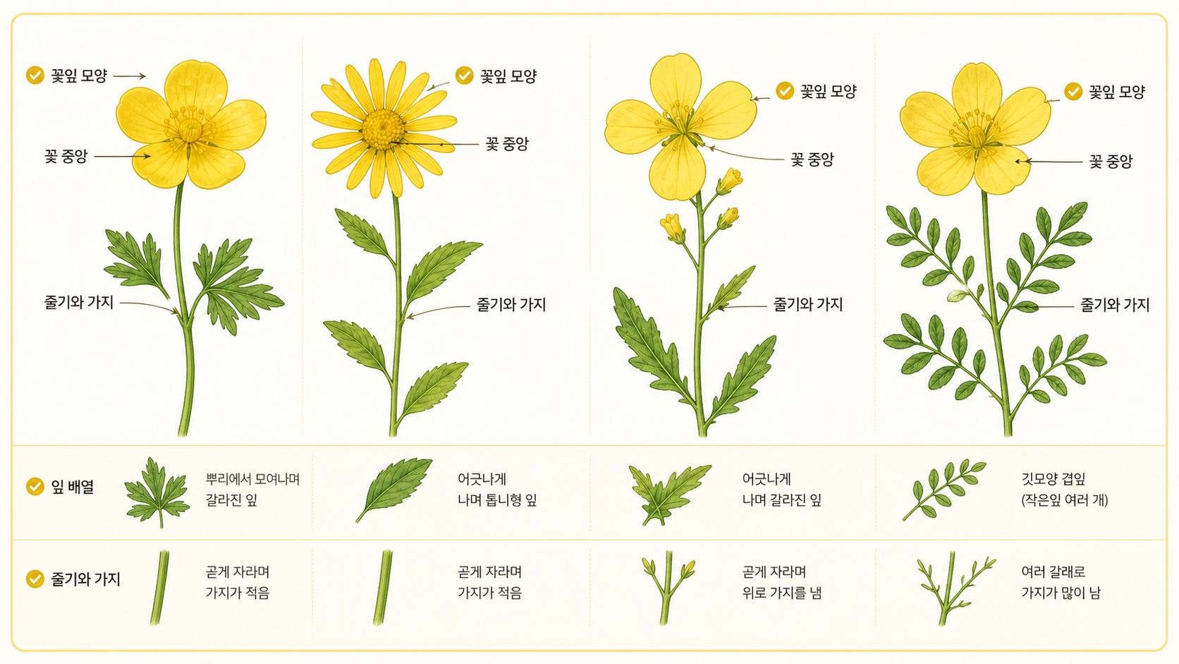 노란 꽃의 꽃잎과 잎, 줄기를 관찰하는 식별 포인트 정보카드