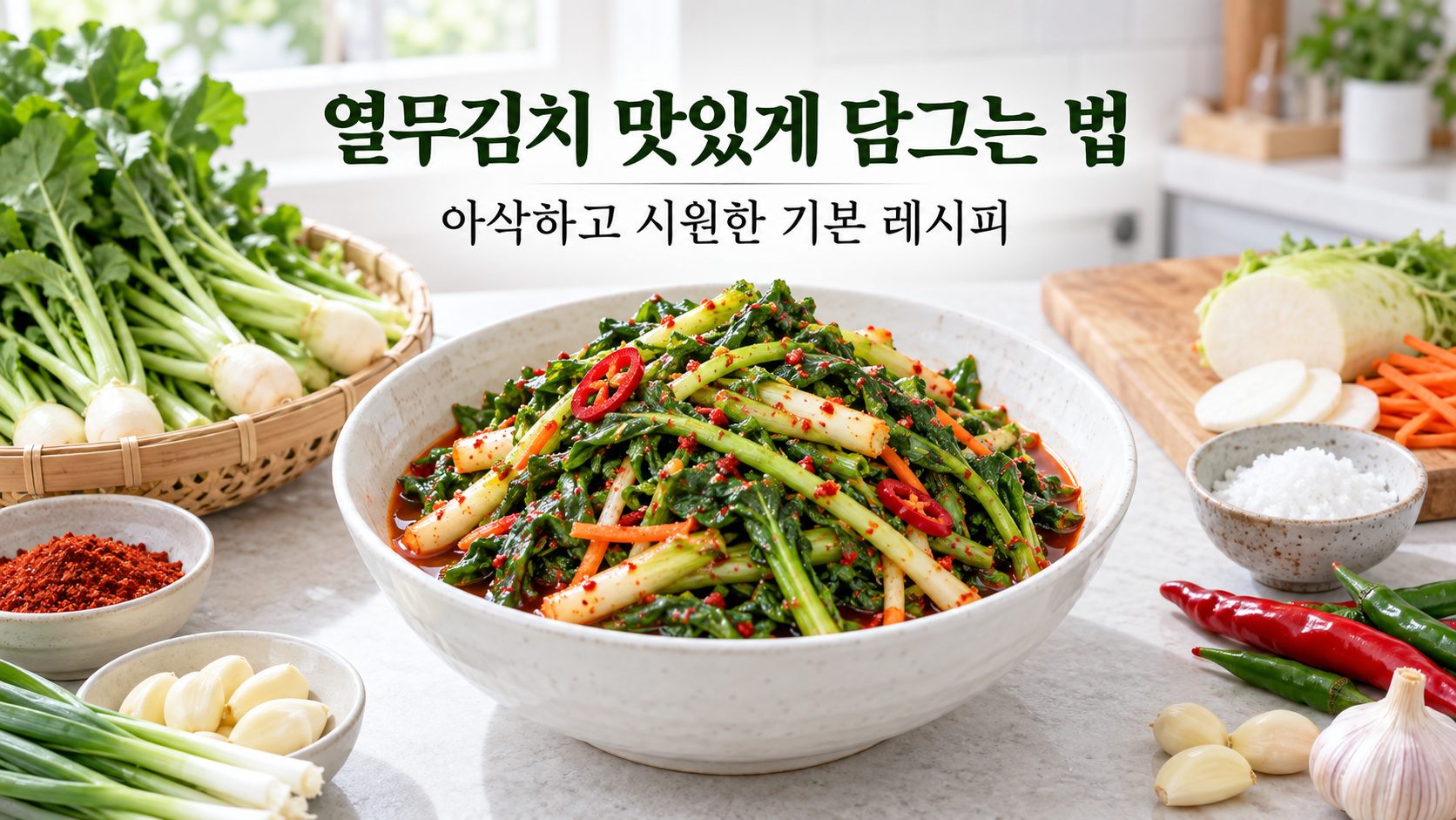 아삭하고 시원한 열무김치 담그는 법을 안내하는 한글 정보카드