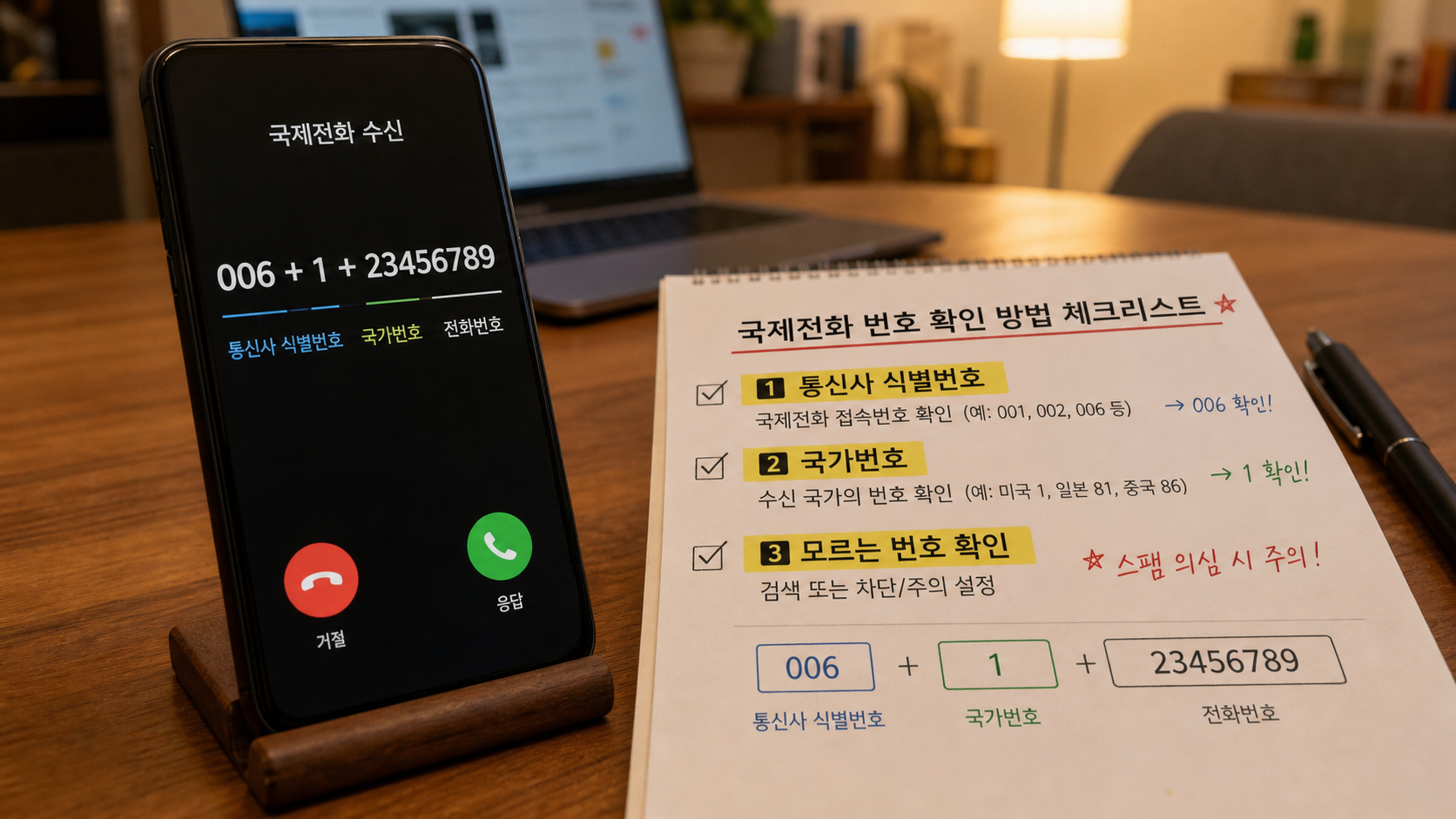 006 국제전화 번호 구조와 국가번호 확인 항목을 적은 체크리스트
