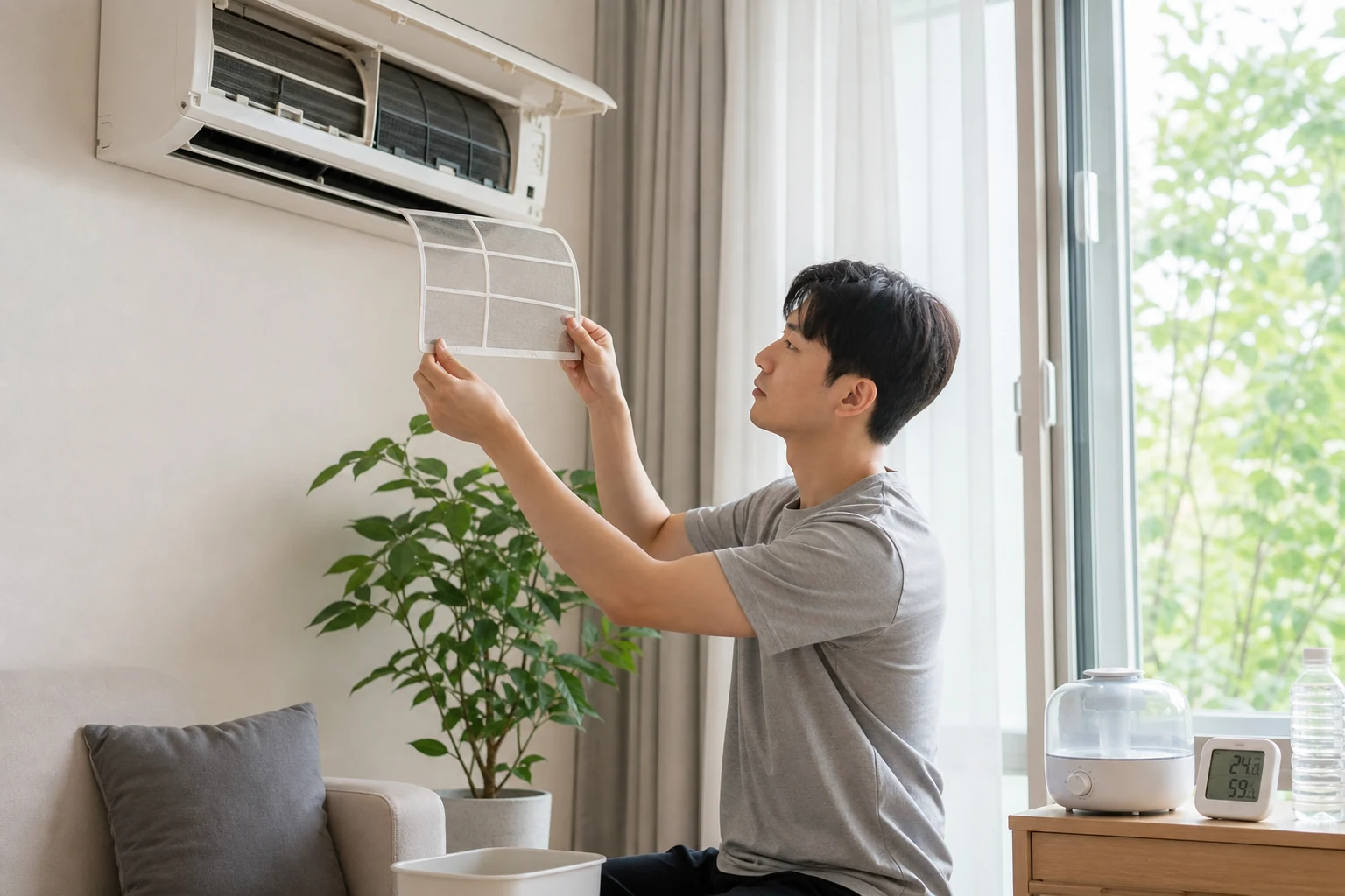 에어컨 필터 청소와 환기, 수분 섭취로 냉방병을 예방하는 생활 관리 장면