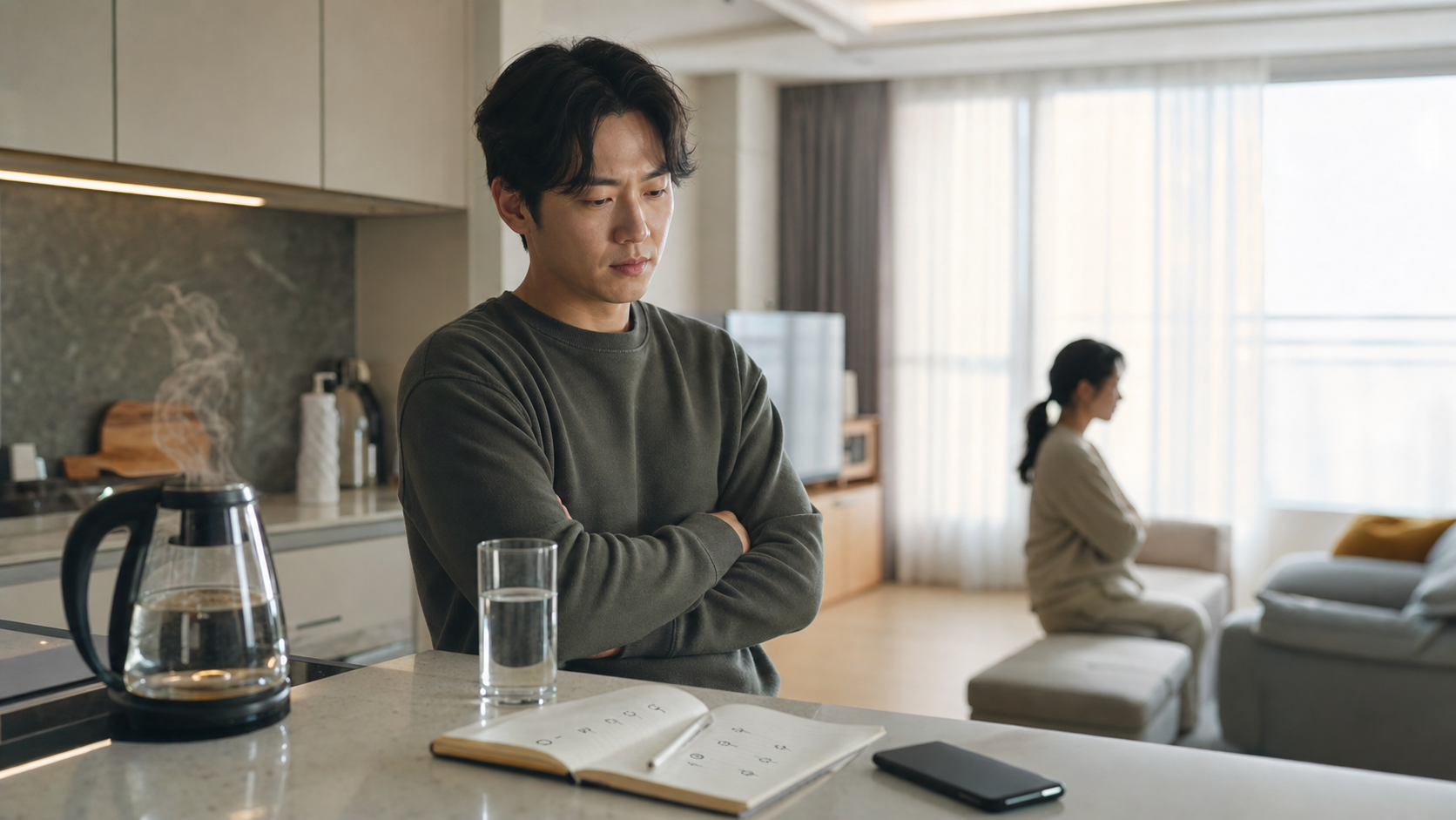 말다툼 뒤 긴장한 사람이 휴대폰을 내려놓고 물과 메모장을 보며 화를 식히려는 장면