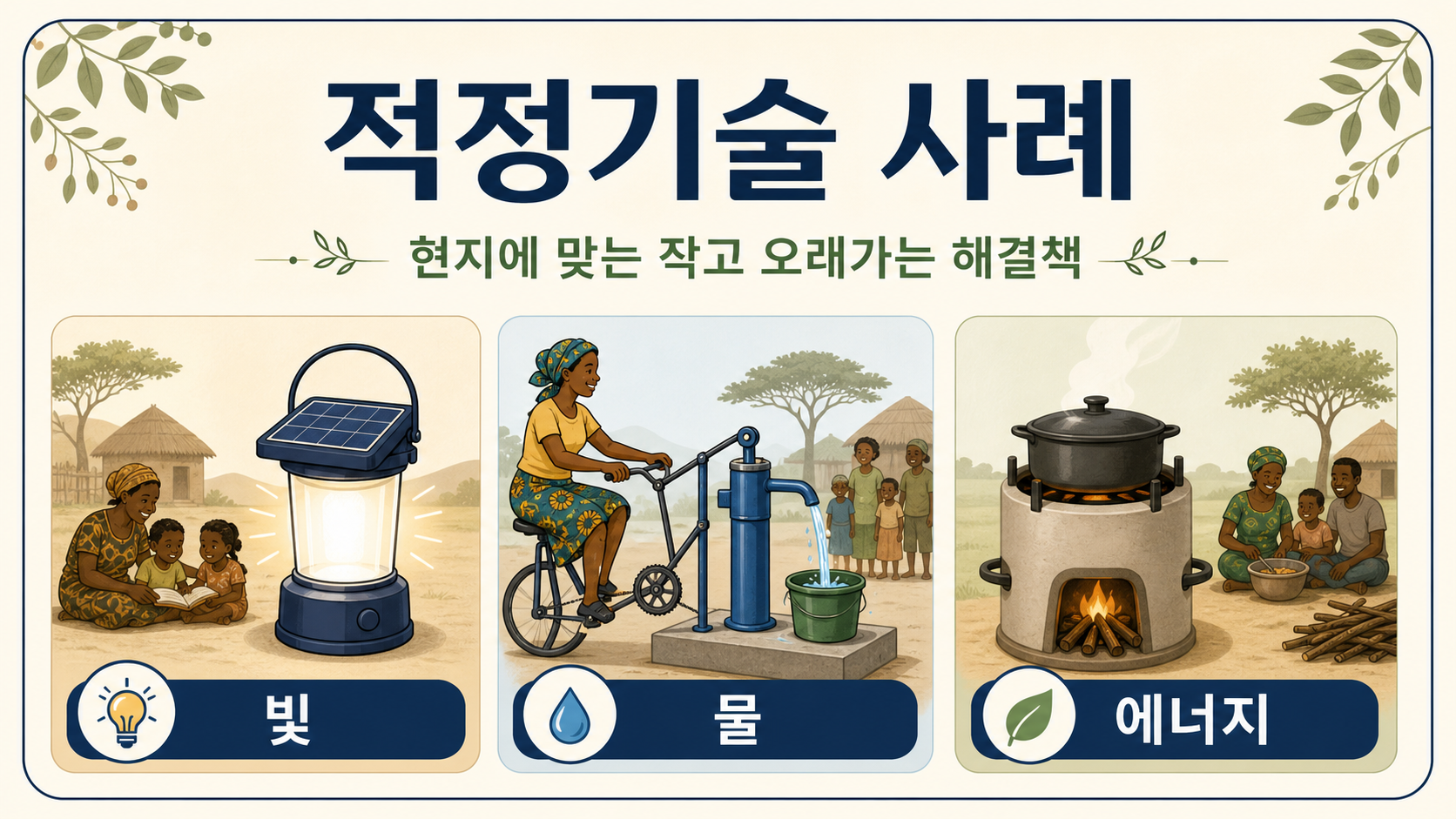 적정기술 사례인 태양광 랜턴, 발 펌프, 개선 화덕을 보여 주는 한국어 정보 카드