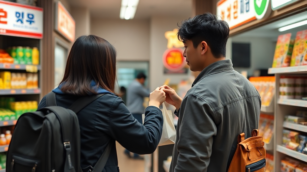 일본 편의점에서 물건을 건네받는 여행자