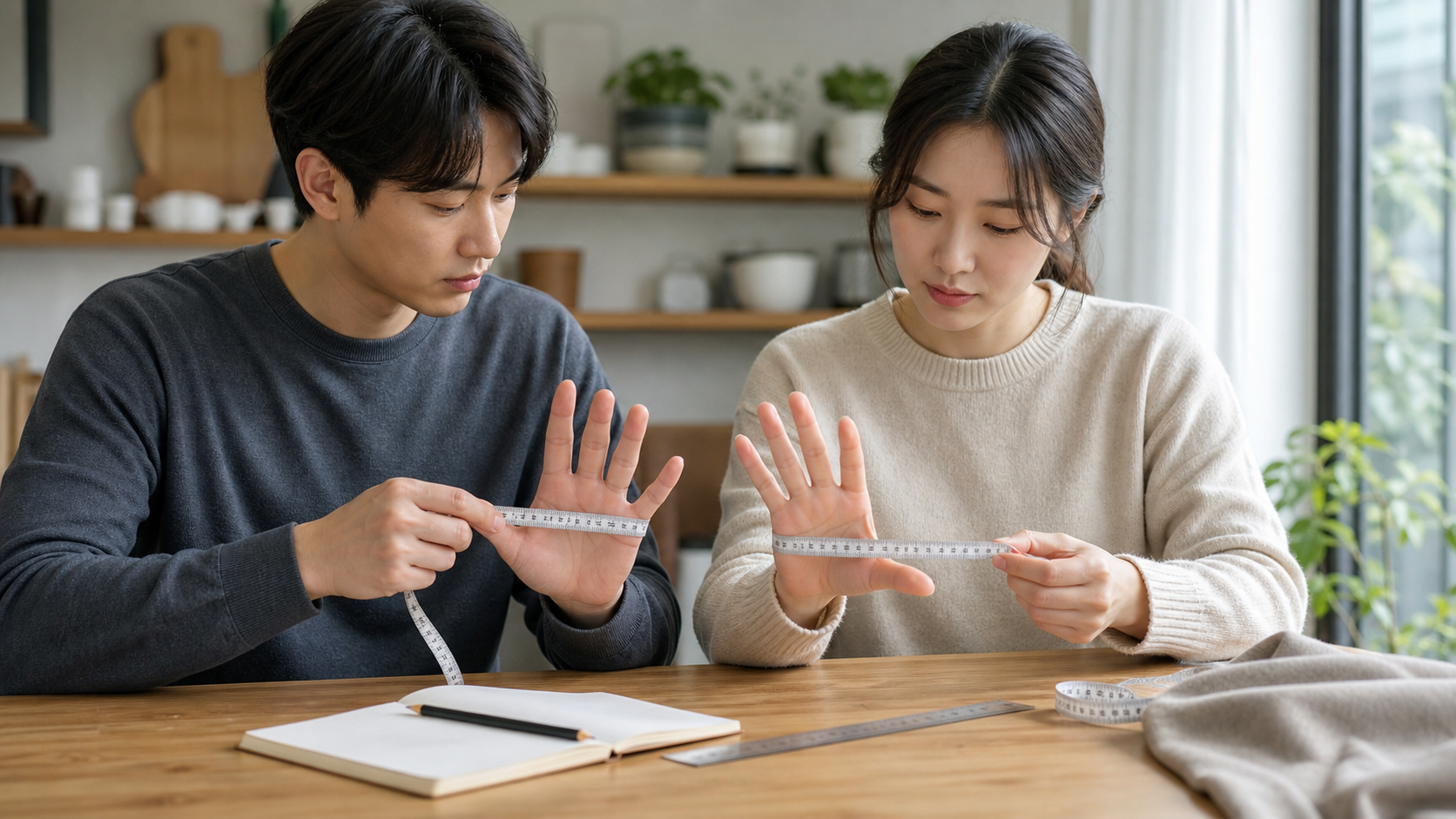 남성과 여성이 줄자로 손바닥 크기를 재는 모습