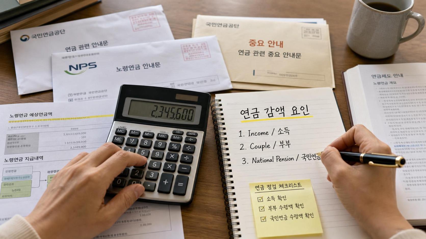 기초연금 예상액을 계산하기 위해 소득인정액 국민연금 연계 감액 부부 감액 항목을 메모하고 계산하는 손