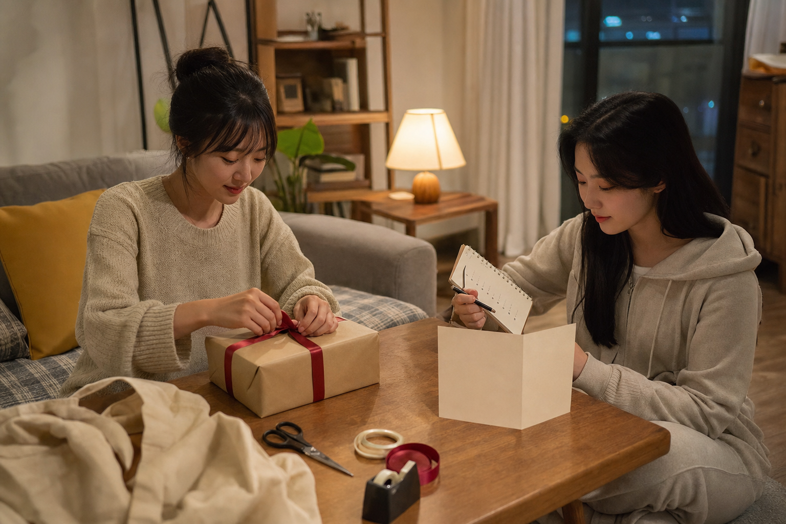 친구에게 줄 생일선물 포장과 체크리스트를 함께 확인하는 따뜻한 실내 장면