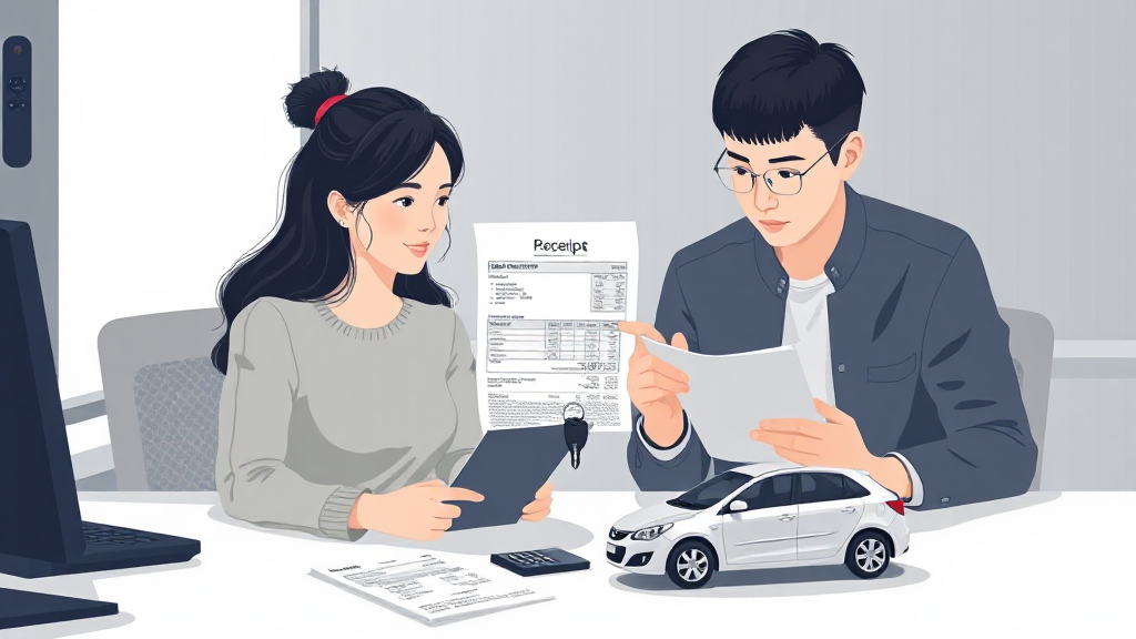 자동차 구매 서류와 계산기를 확인하는 생활 일러스트