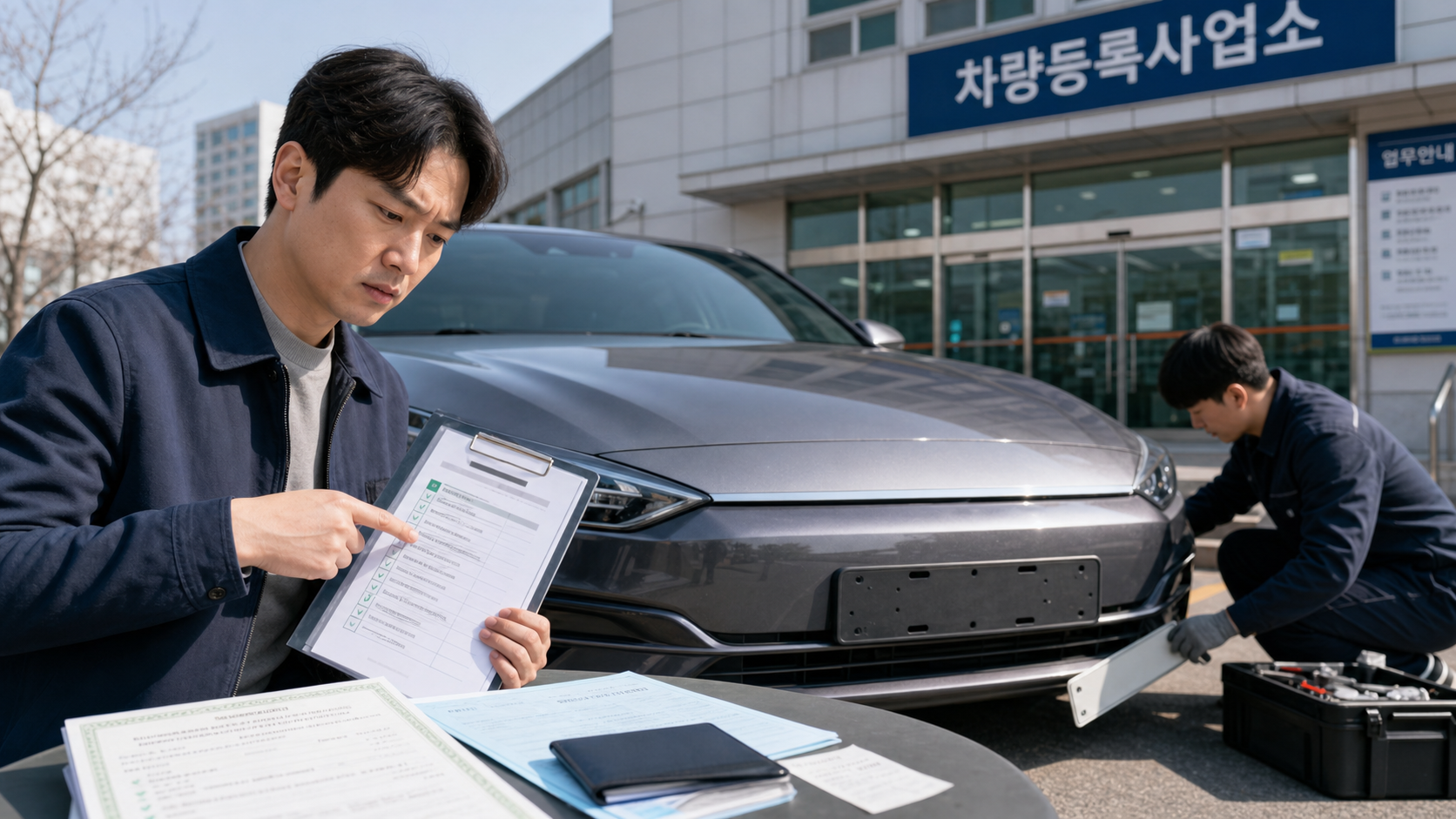 차량등록 민원실 주차장에서 기존 번호판을 떼고 등록증과 수수료 영수증을 확인하는 자동차 번호판 교체 상황