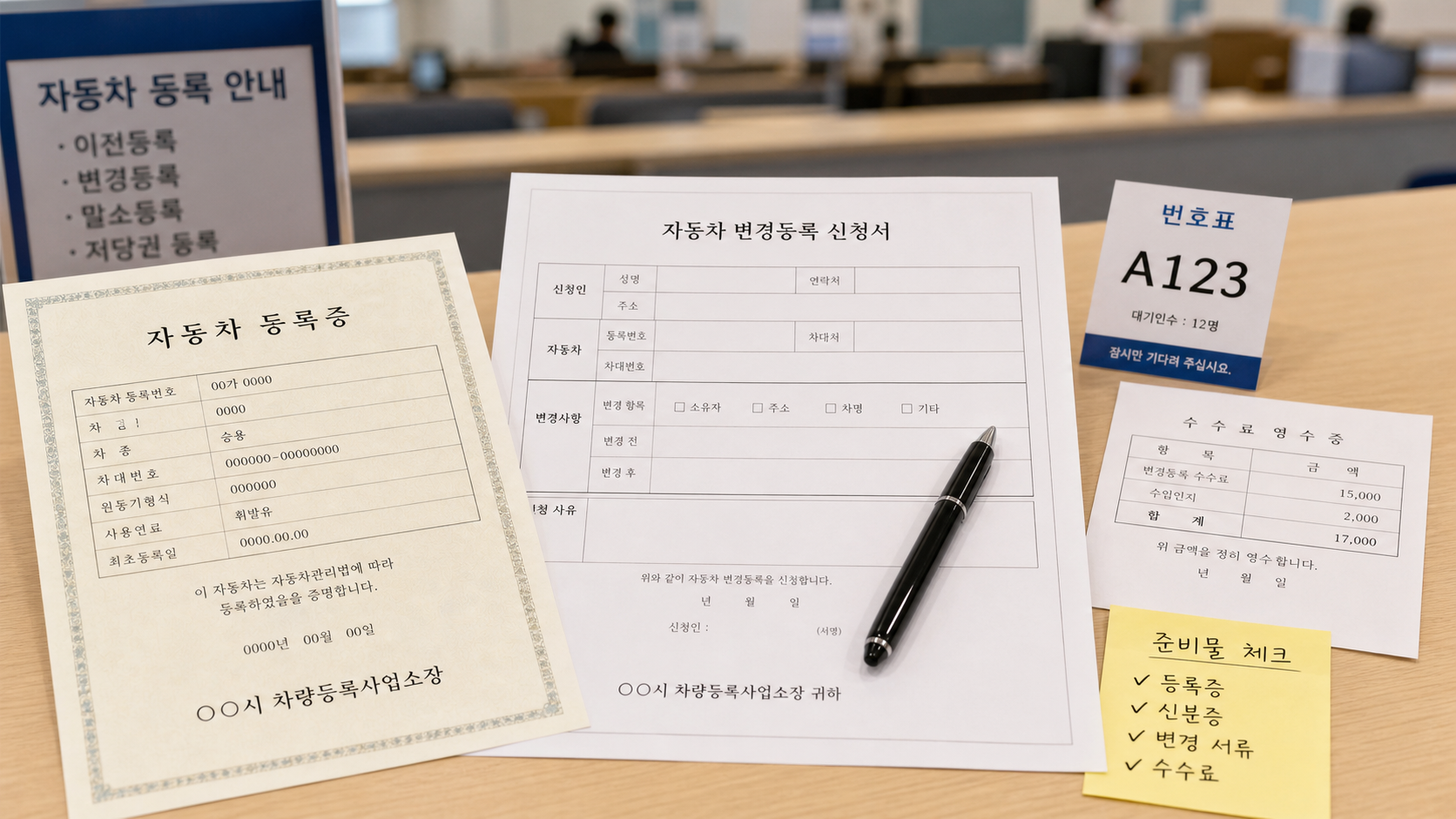 자동차등록증과 변경등록 신청서, 신분증 지갑, 수수료 영수증을 책상 위에 놓고 준비물을 점검하는 모습