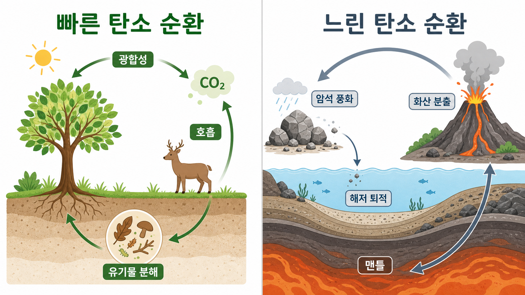 생물학적 빠른 탄소 순환과 지질학적 느린 탄소 순환의 차이를 보여주는 인포그래픽