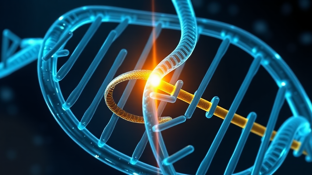 가이드 RNA가 목표 지점을 찾고 Cas9 효소가 DNA를 절단하는 CRISPR 작동 원리 3D 일러스트