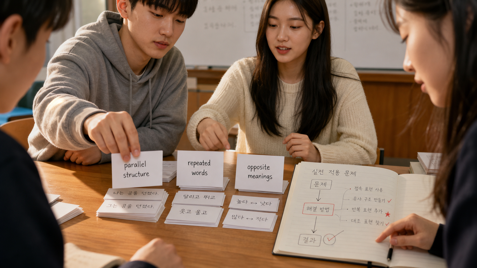대구법 반복법 대조법 카드를 나눠 놓고 차이를 비교하는 학습 장면