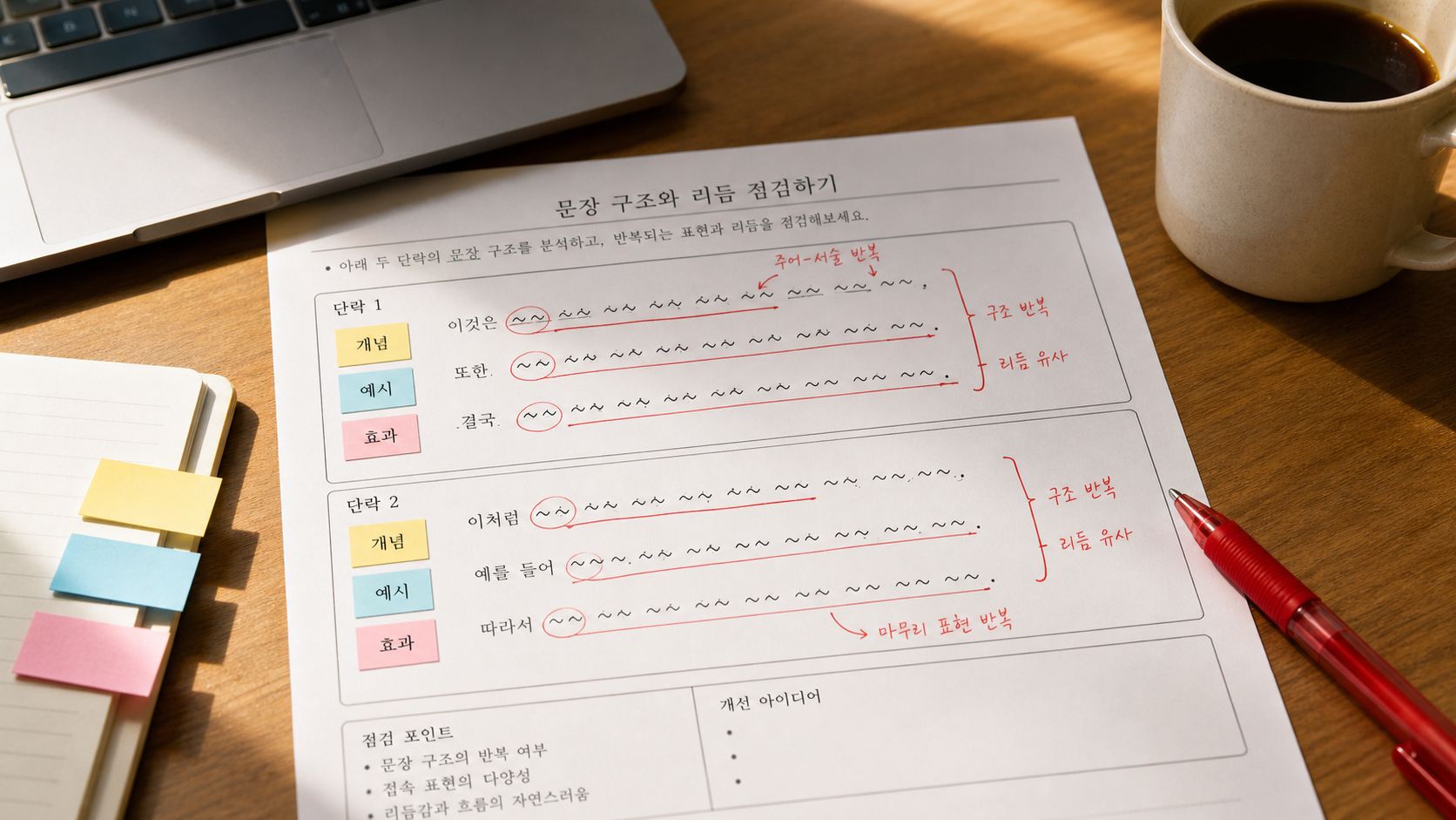 대구법 예문을 노트에 표시하며 구조와 효과를 정리하는 장면
