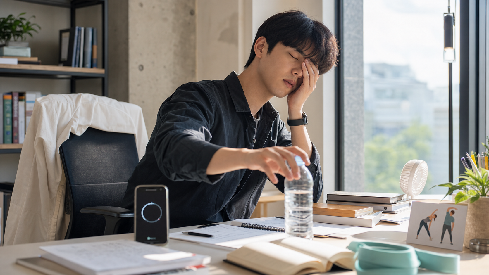 오후 책상 앞에서 졸린 사람이 물과 타이머를 두고 짧은 휴식을 준비하는 장면