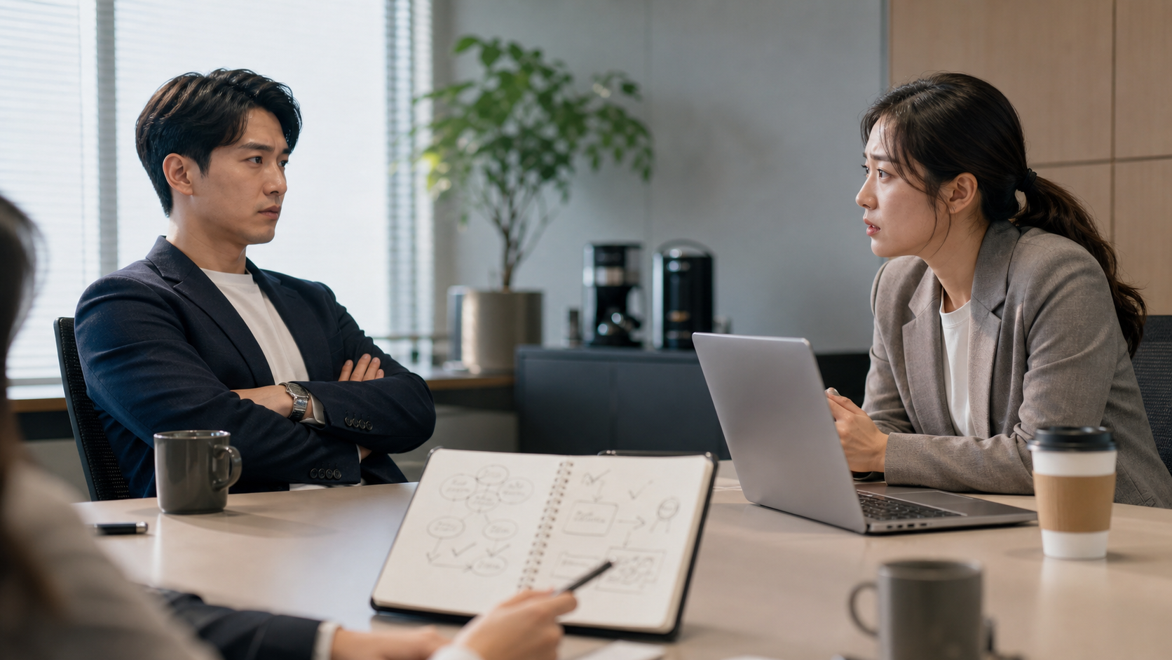 회의실에서 불편한 동료와 마주 앉은 사람이 대화 메모와 경계선 체크리스트를 준비하는 실제 상황