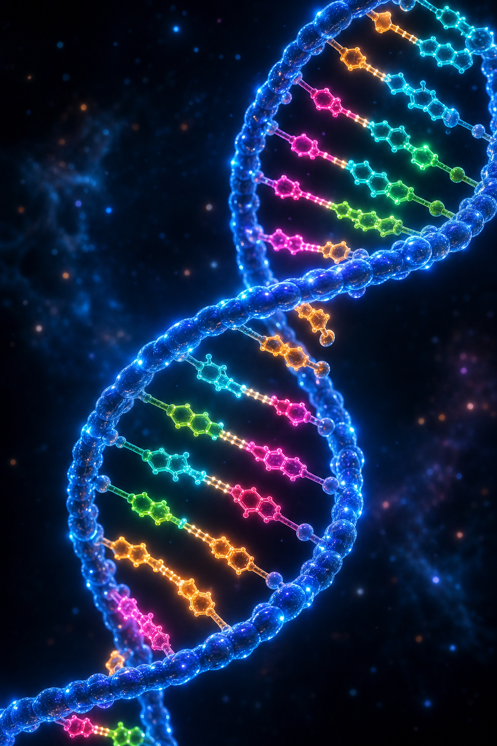 파란 당-인산 뼈대와 네온 색 염기쌍으로 표현한 DNA 이중나선 3D 이미지