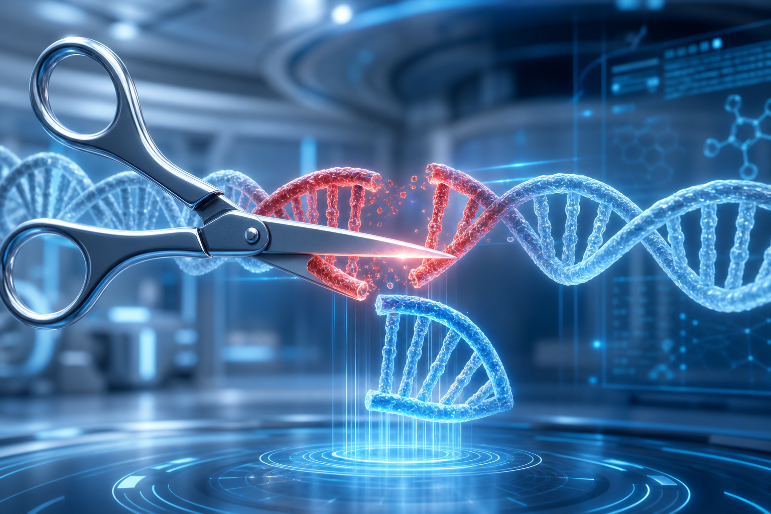 손상된 DNA 구간을 유전자 가위가 정밀하게 잘라 교체하는 CRISPR 인포그래픽