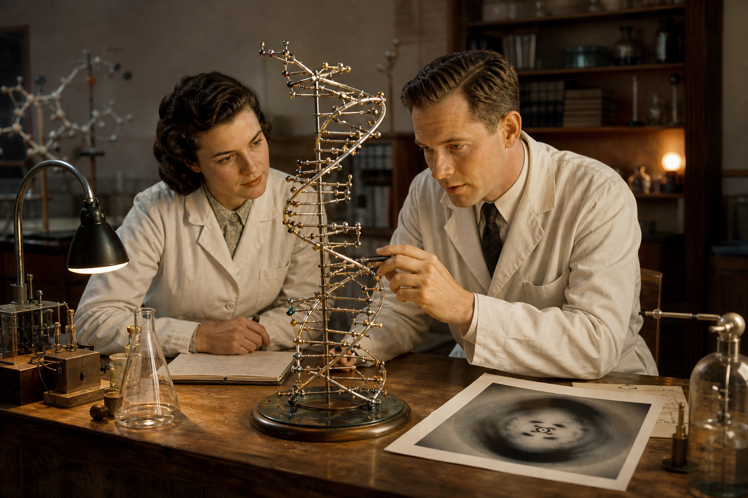 1950년대 실험실에서 DNA 이중나선 모형과 X선 회절 사진을 연구하는 과학자들