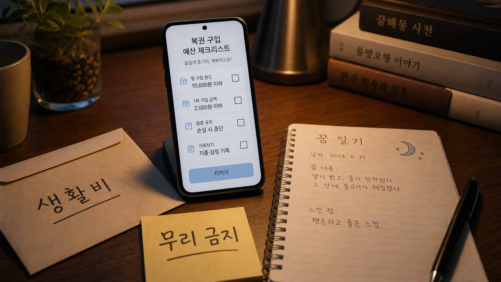 꿈 해몽과 복권 구매 전 예산 한도를 확인하는 책상 장면