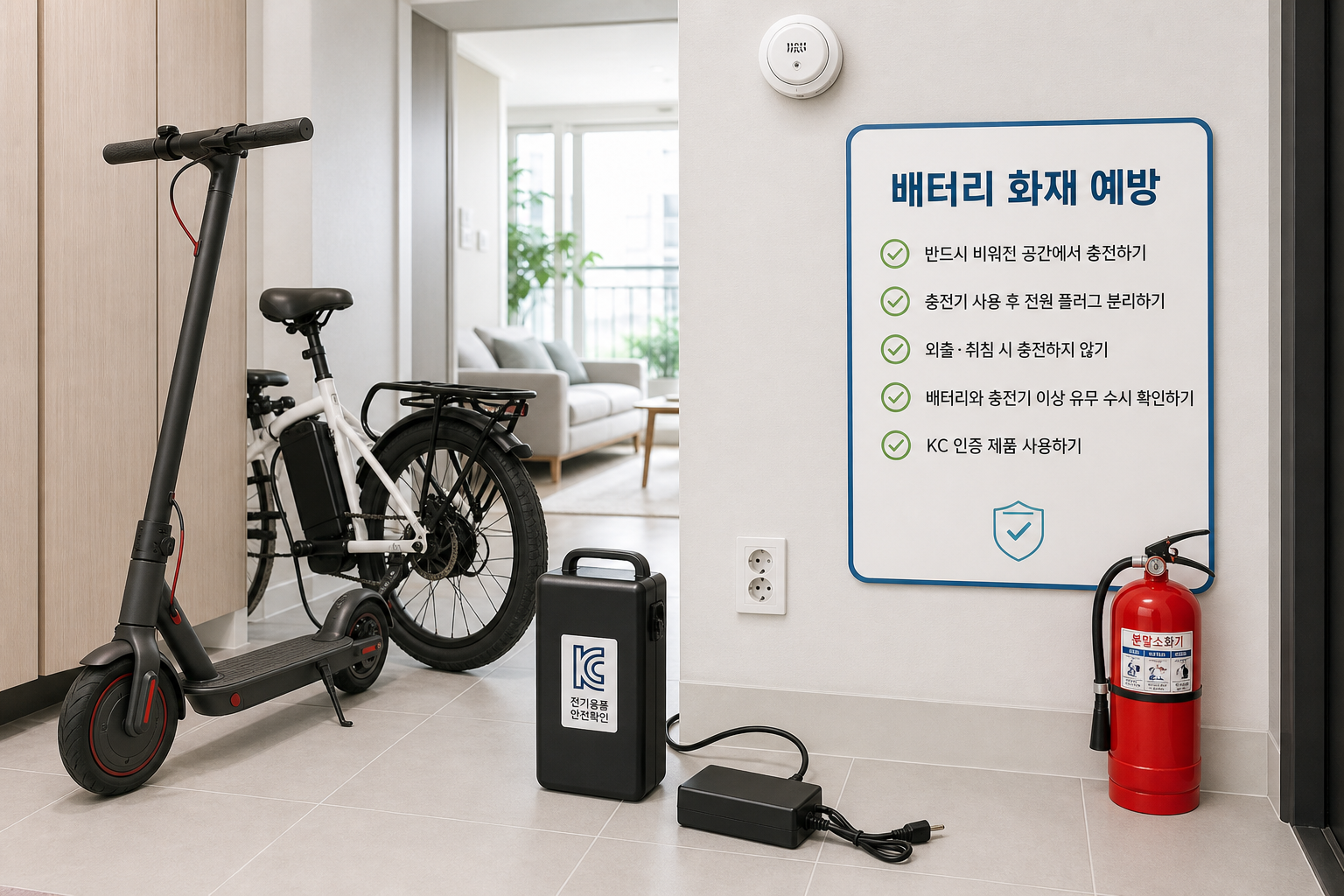 아파트 현관 옆 안전한 충전 공간에 전동킥보드와 충전기, 소화기, 연기감지기가 배치된 이미지