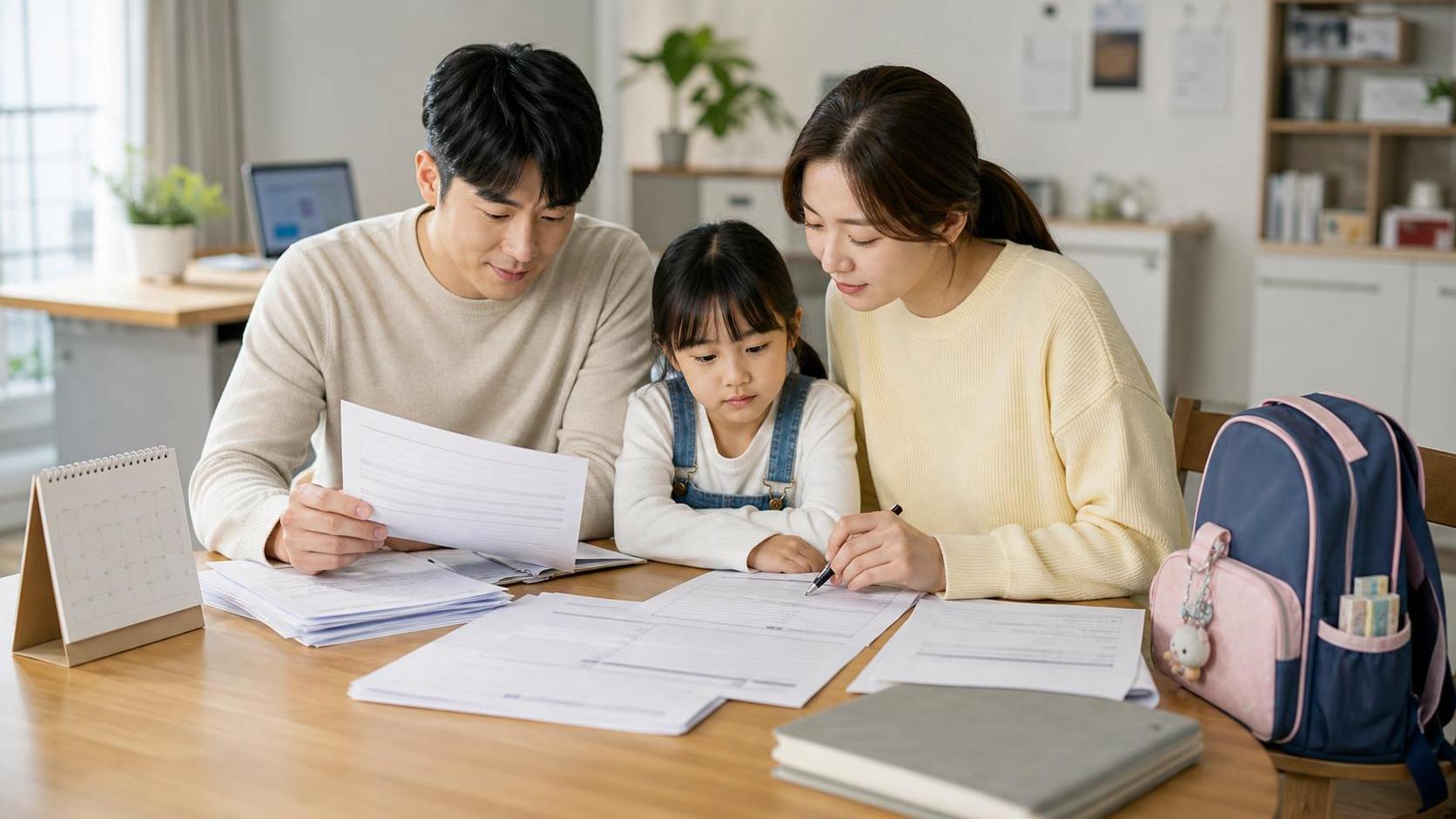 교육비 지원 신청 전 준비서류와 확인 항목을 정리한 책상 이미지