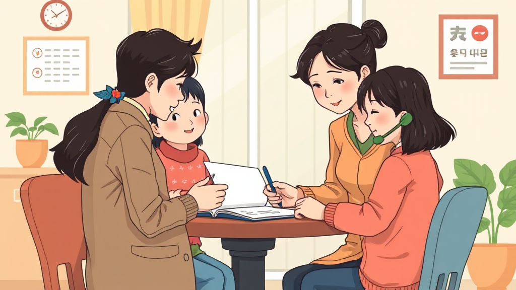 행정복지센터 상담 창구에서 퇴원 서류와 신청서를 확인하는 보호자