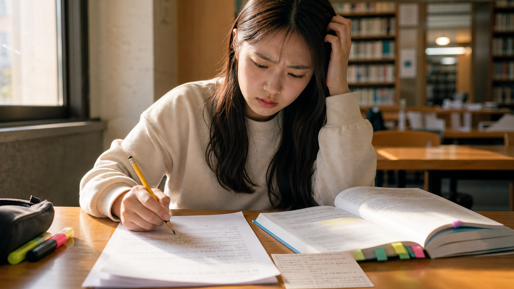 도서관에서 영어 문법 노트를 보며 the 사용법을 고민하는 학습자