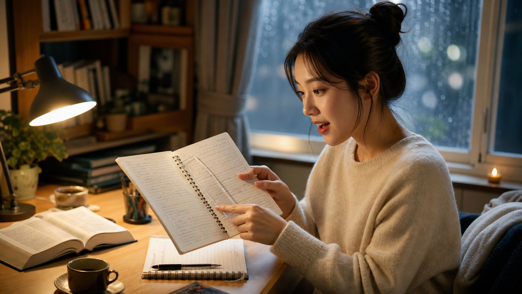 집 책상에서 영어 문법 노트를 비교하며 the 사용 원리를 이해한 학습자