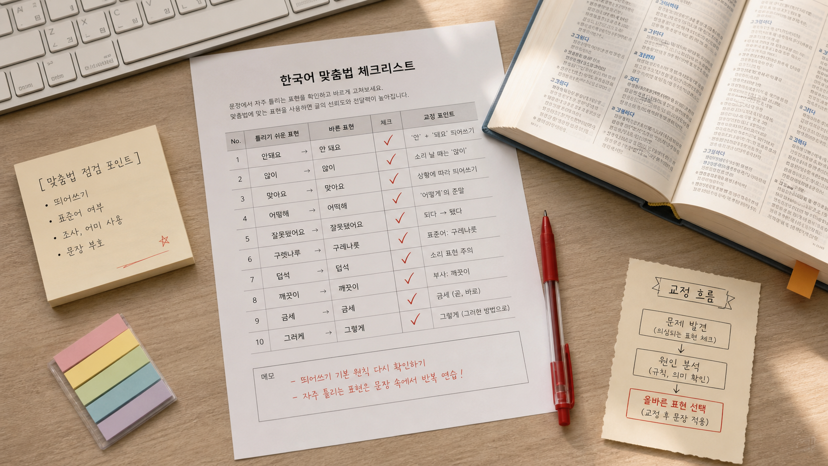 맞춤법 체크리스트와 사전을 보며 어떻게와 어떡해 문장을 점검하는 책상