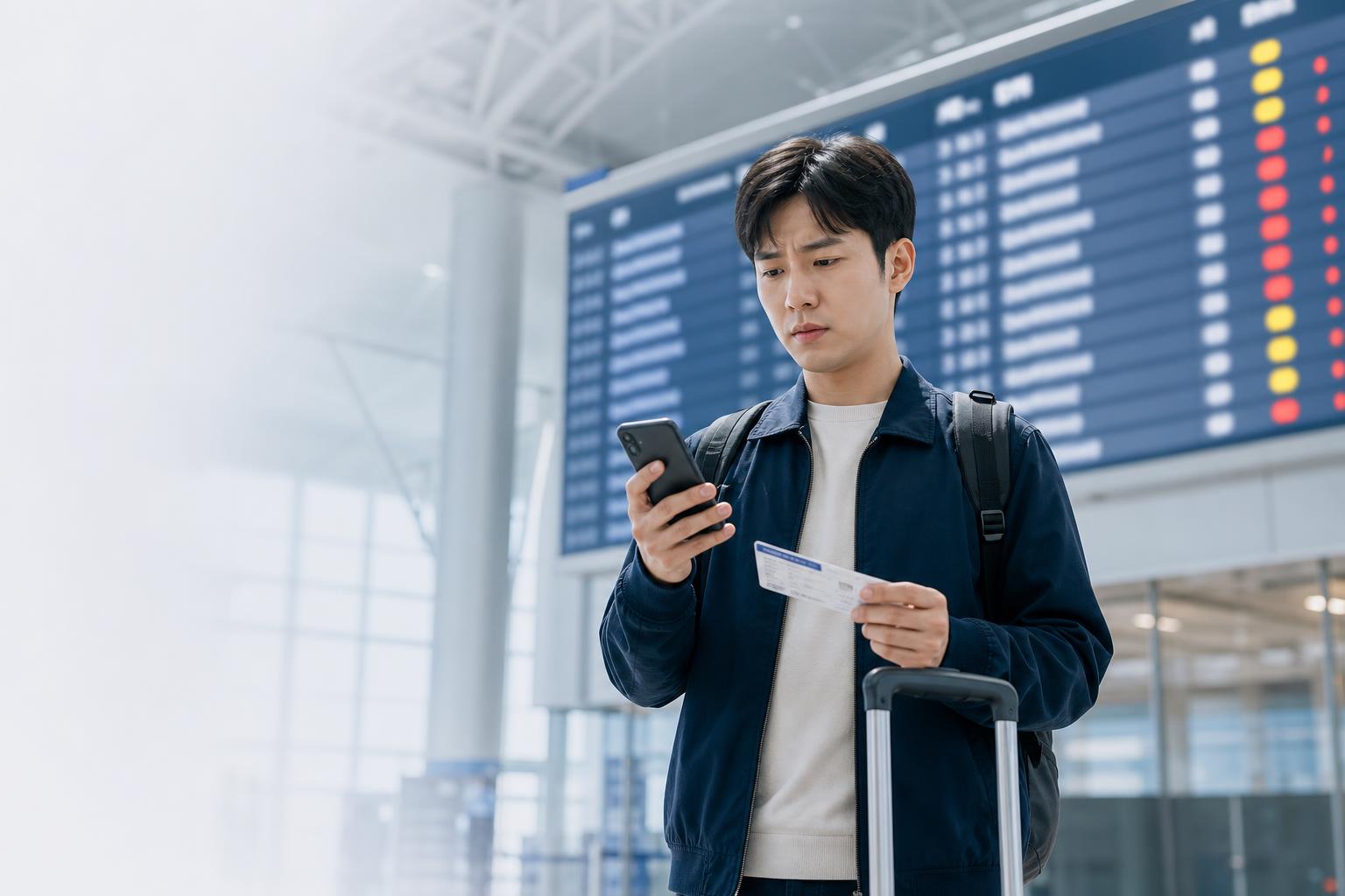 공항 출발 안내판 앞에서 항공편 지연과 결항 환불을 확인하는 여행자