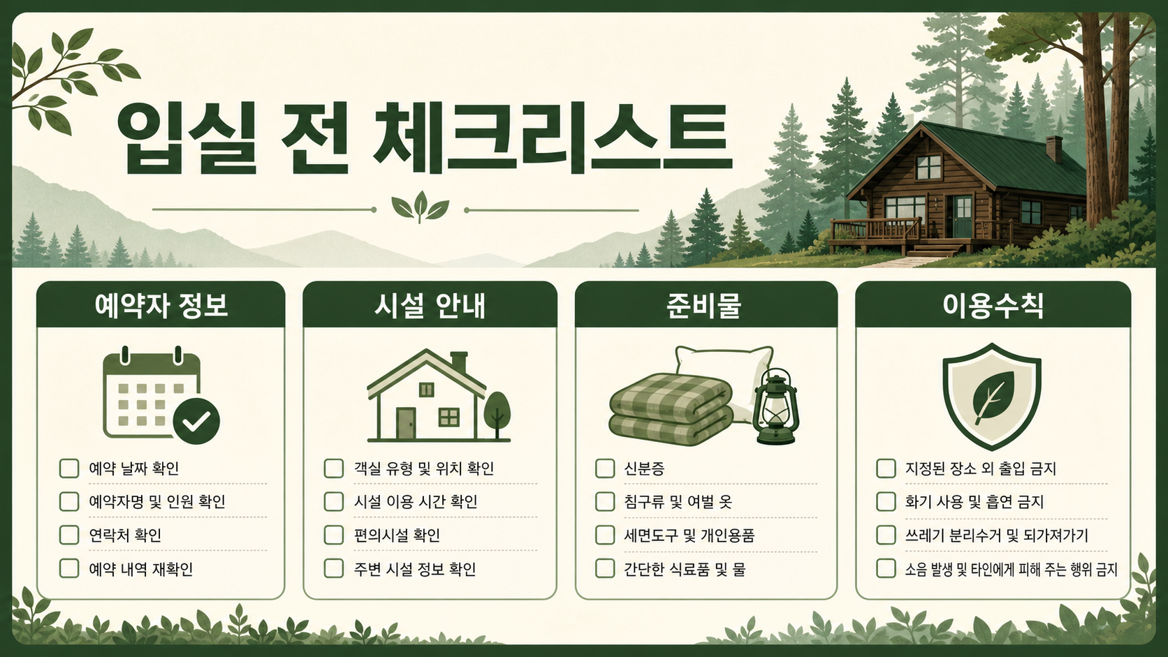 자연휴양림 입실 전 예약자 정보 시설 안내 준비물 이용수칙 체크리스트