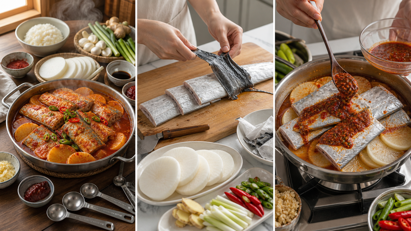 갈치조림을 만들기 전 갈치와 무 고추 대파 생강을 손질하는 주방 장면