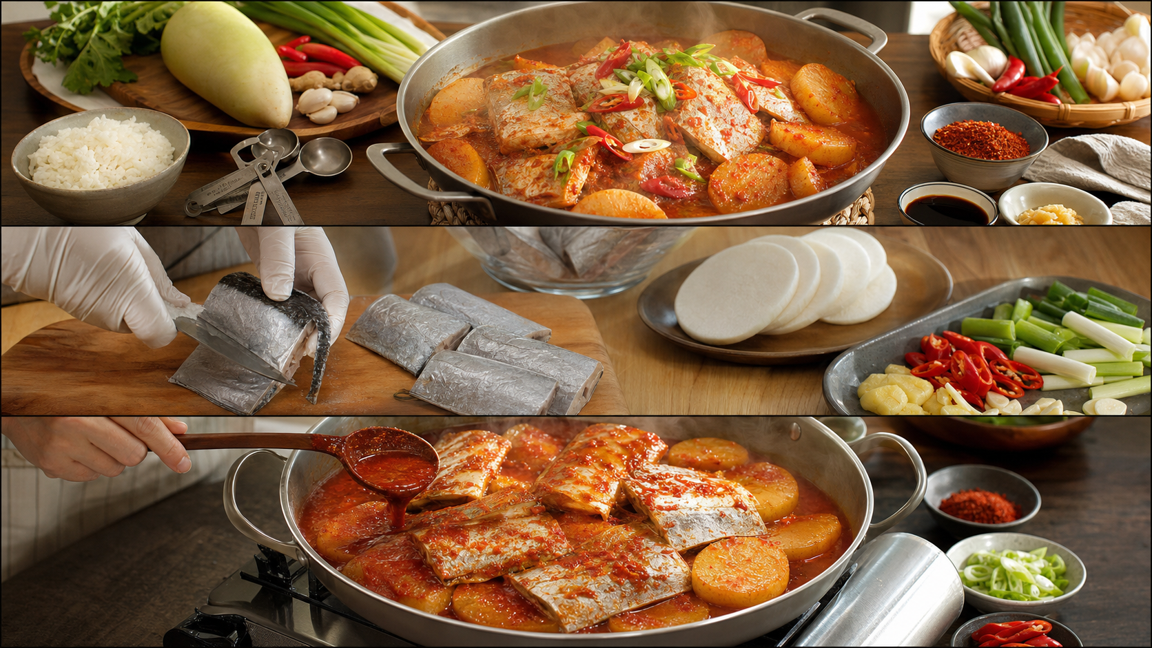 무를 먼저 익힌 뒤 갈치 위에 양념 국물을 끼얹으며 졸이는 과정