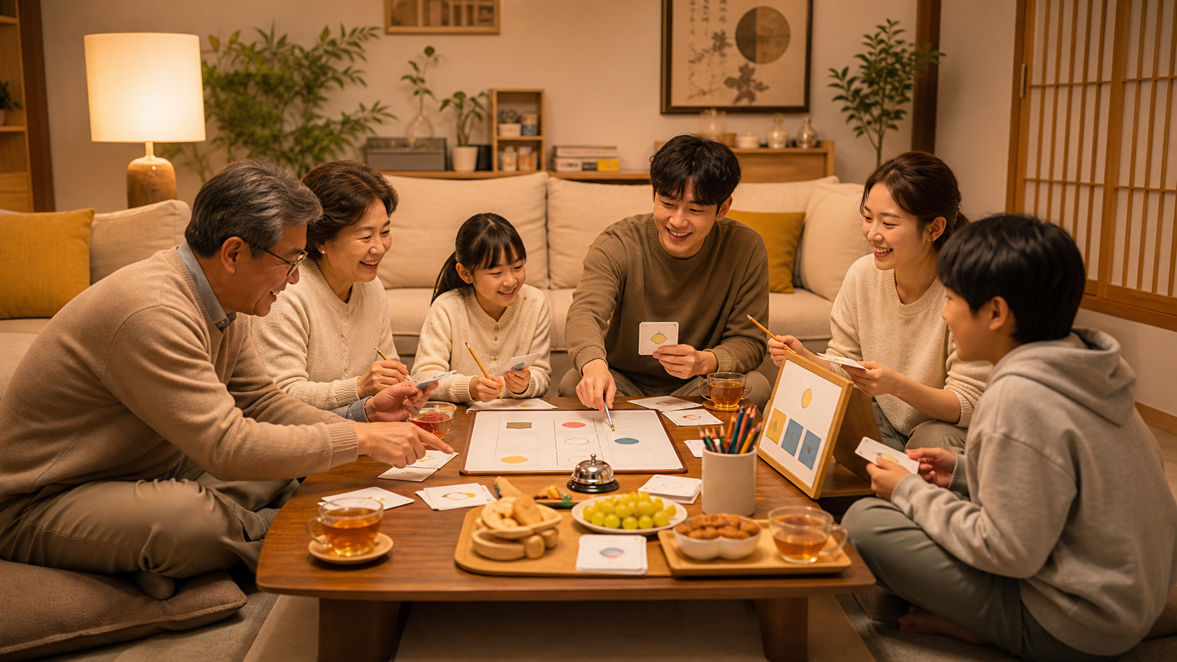 가족과 친구들이 일반상식 퀴즈를 푸는 모임 장면