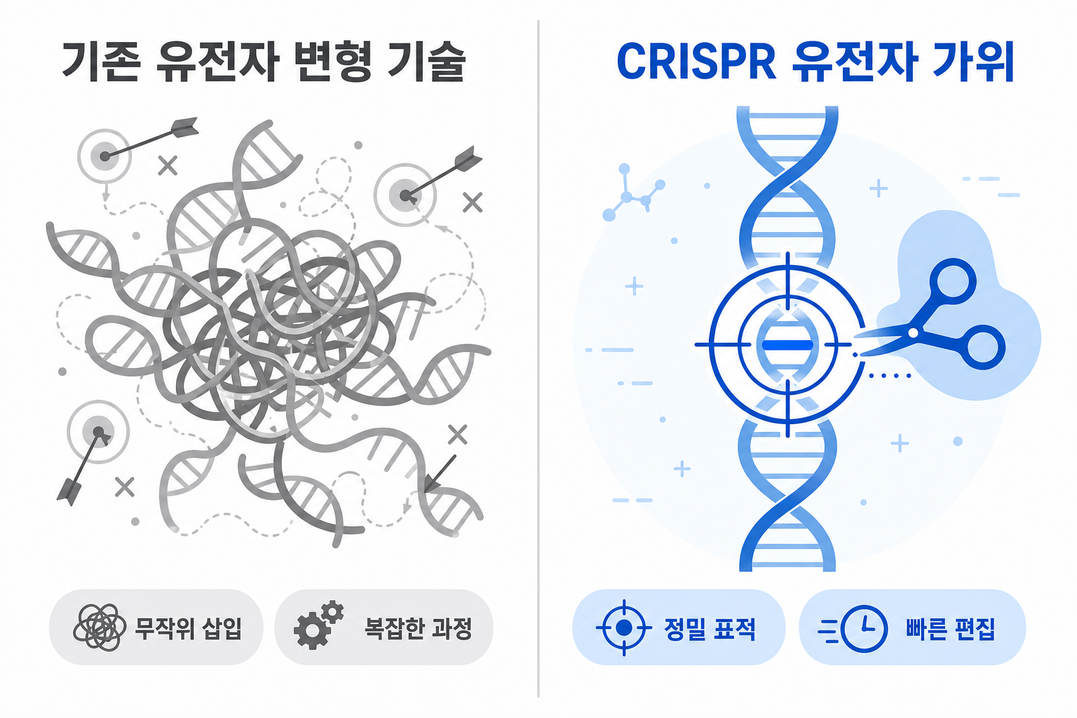 기존 유전자 변형 기술과 3세대 CRISPR 유전자 가위의 정확도와 활용성 비교 도식
