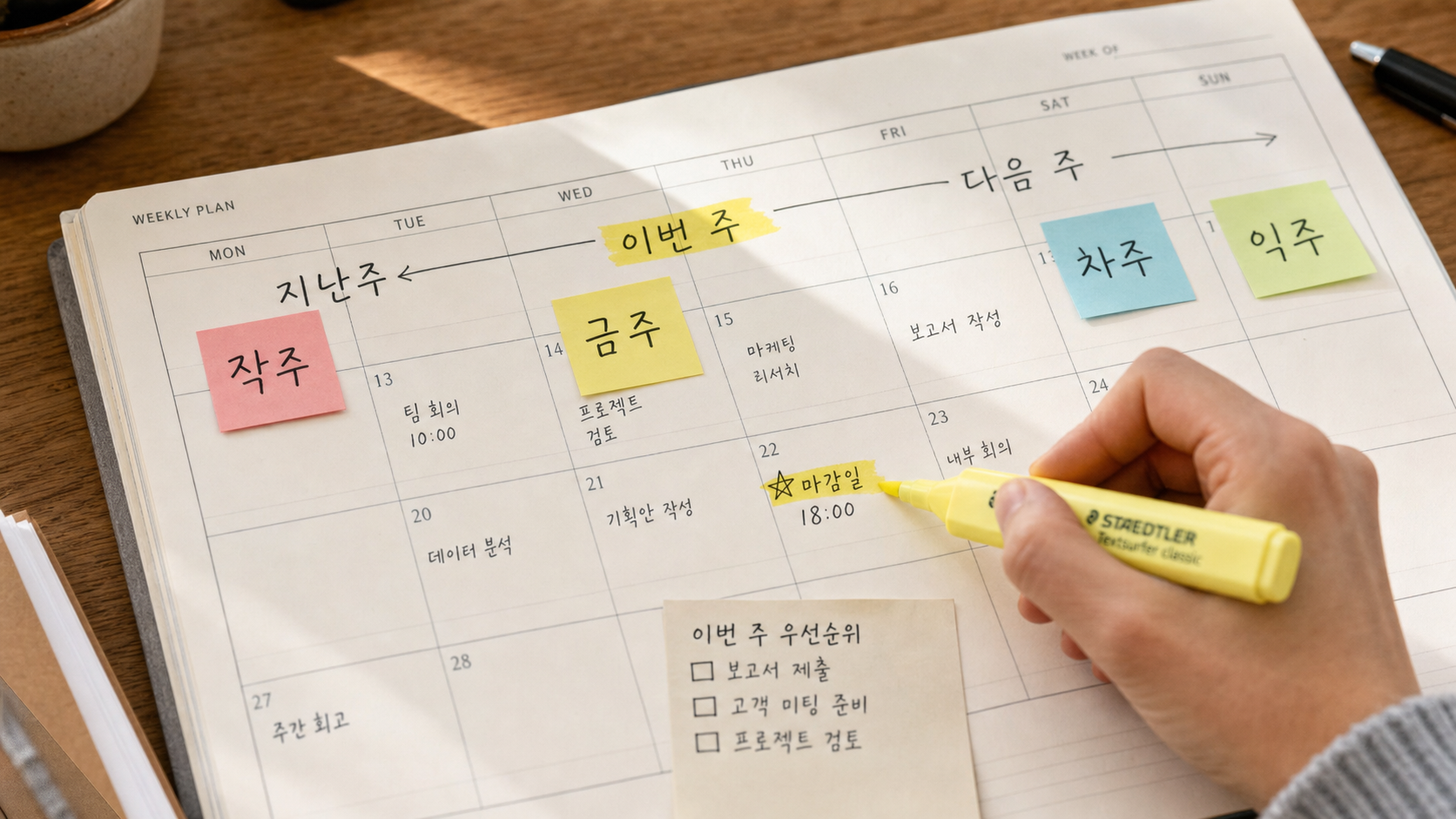이번 주와 다음 주 일정표에 금주 차주 익주 내주를 표시하며 마감일을 정리하는 모습
