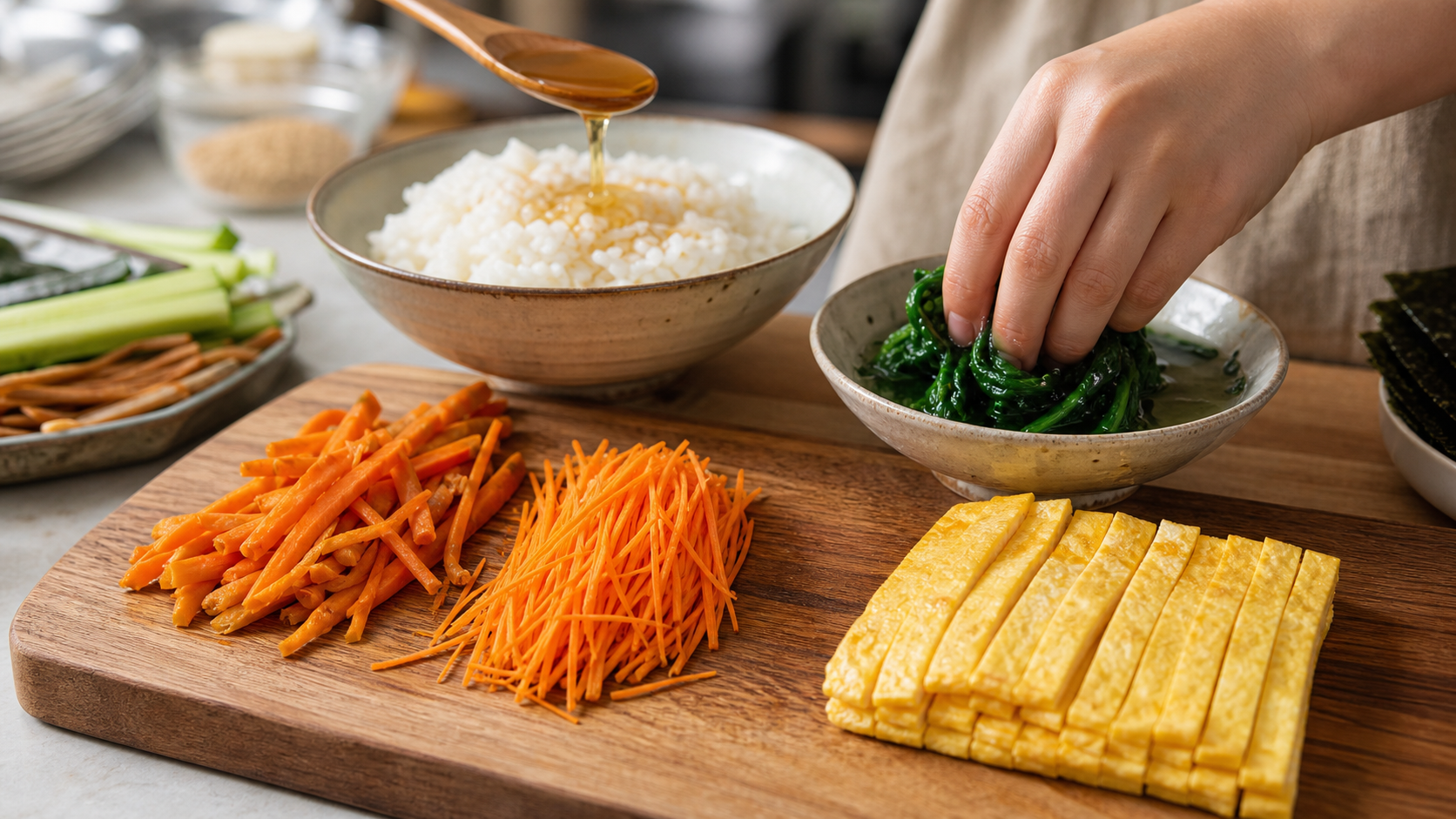 당근채와 시금치, 달걀지단을 손질하며 김밥 재료 수분을 정리하는 장면