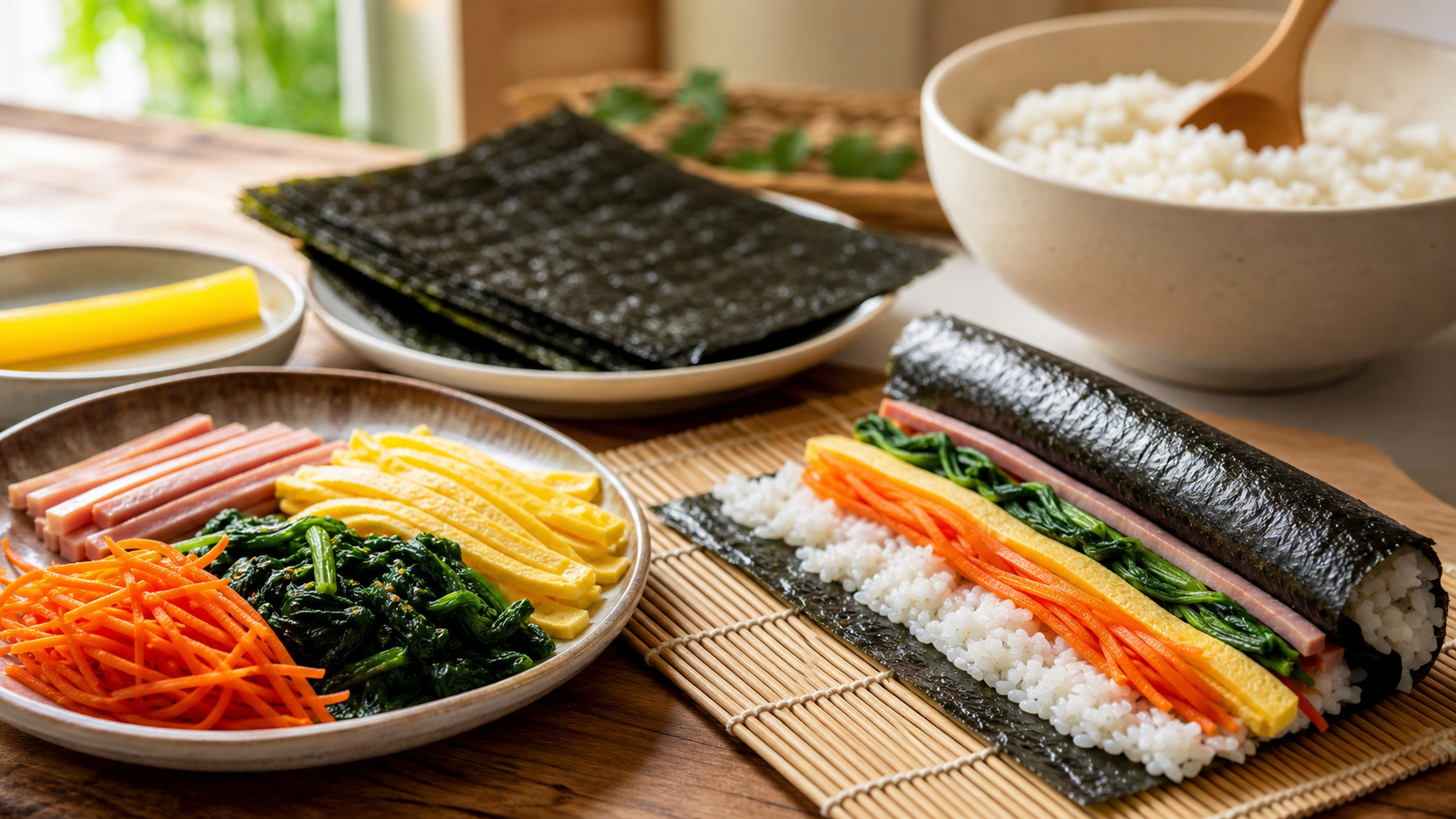 김밥 재료와 김발을 준비해 집에서 김밥을 마는 주방 장면