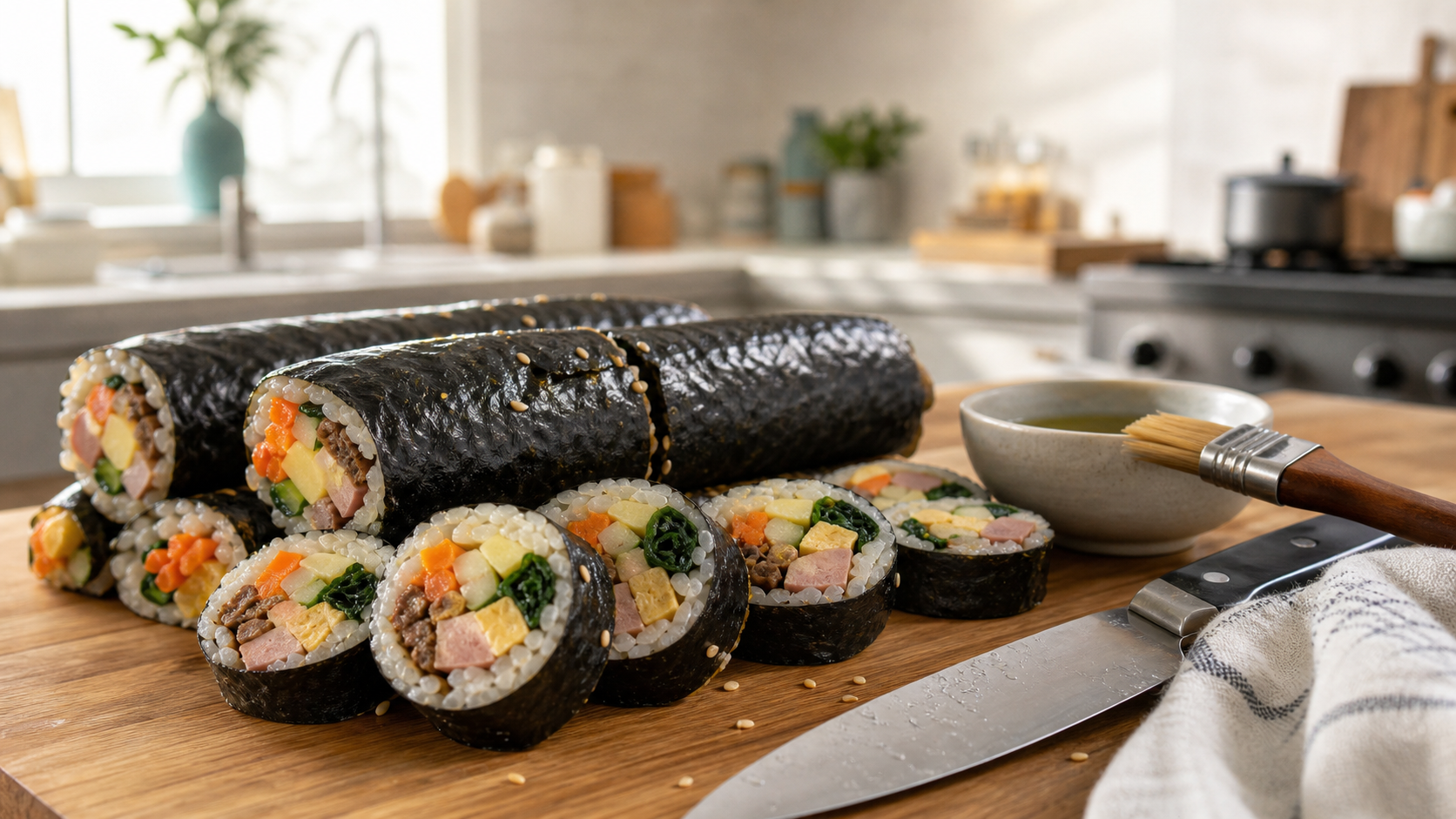 완성된 김밥을 젖은 행주와 칼로 깔끔하게 써는 주방 장면