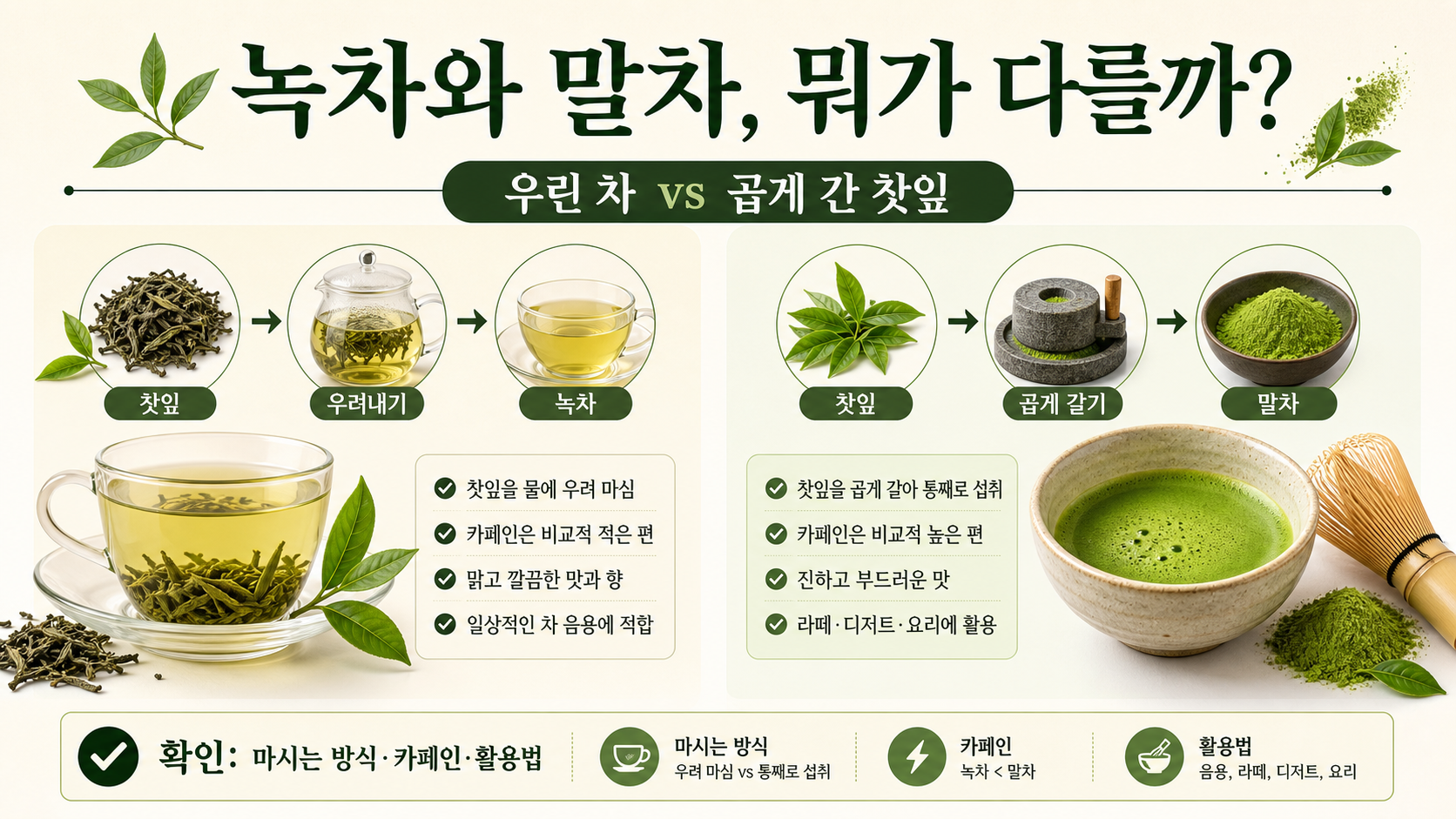 녹차와 말차의 차이를 비교한 한국어 정보카드