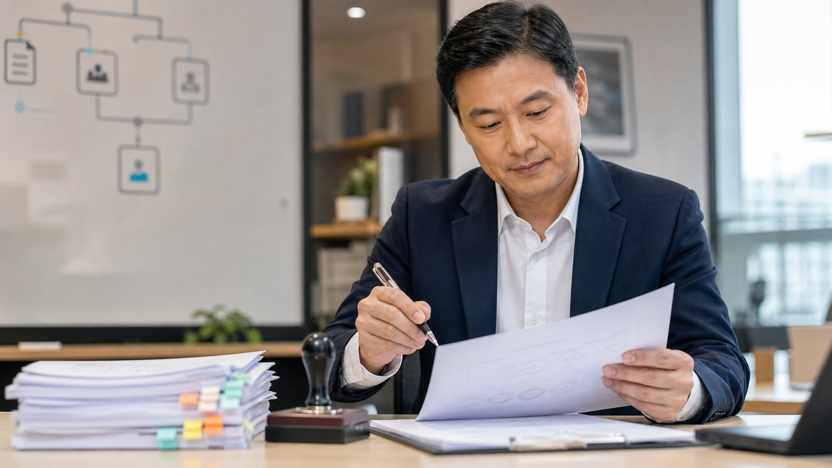 상사가 문서를 검토하고 승인 도장을 준비하는 전자결재와 품의서 승인 상황