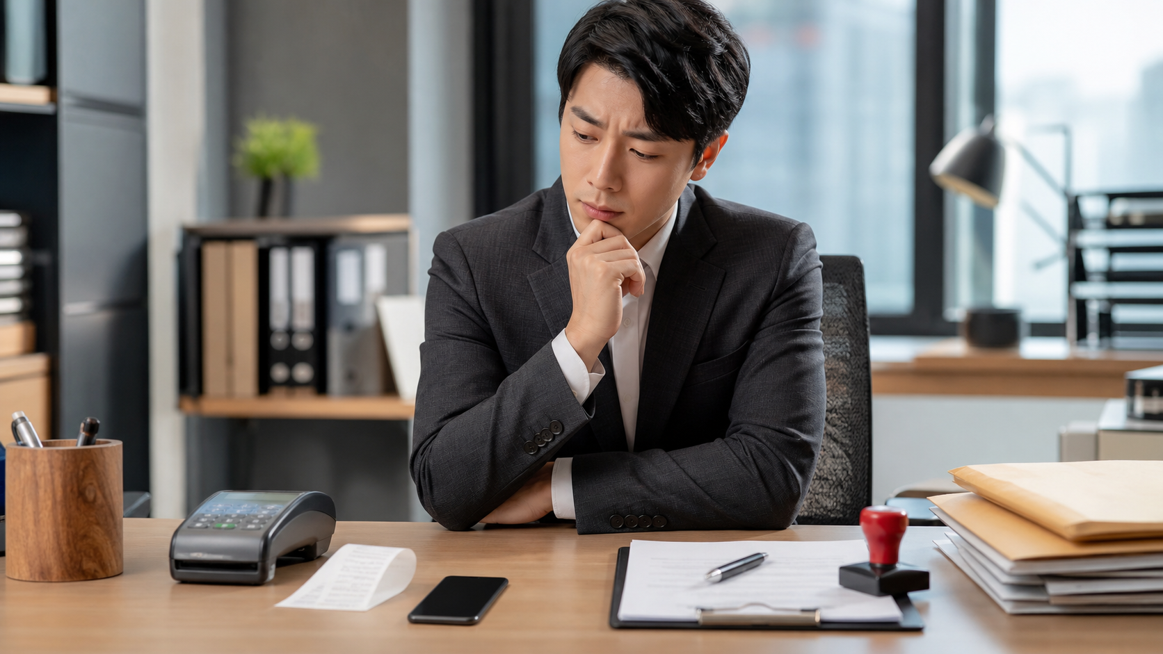 영수증과 승인 문서를 앞에 두고 결제와 결재 표현을 구분하려는 사무실 책상 장면