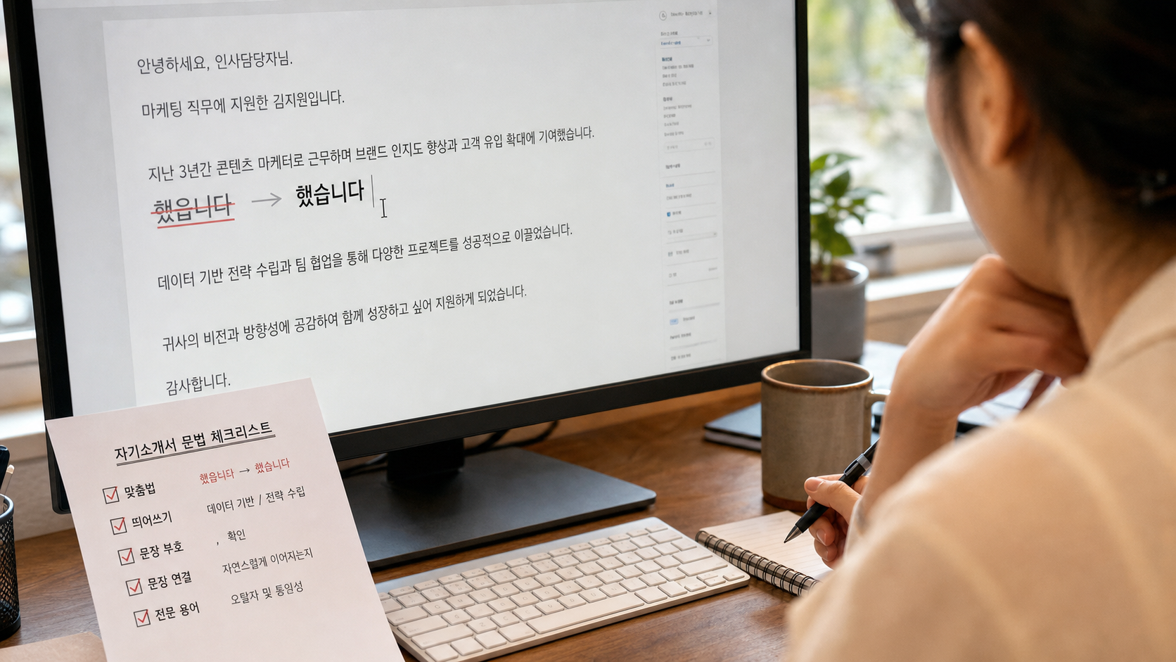 이메일 초안에서 했습니다 표기를 확인하고 문장을 교정하는 화면