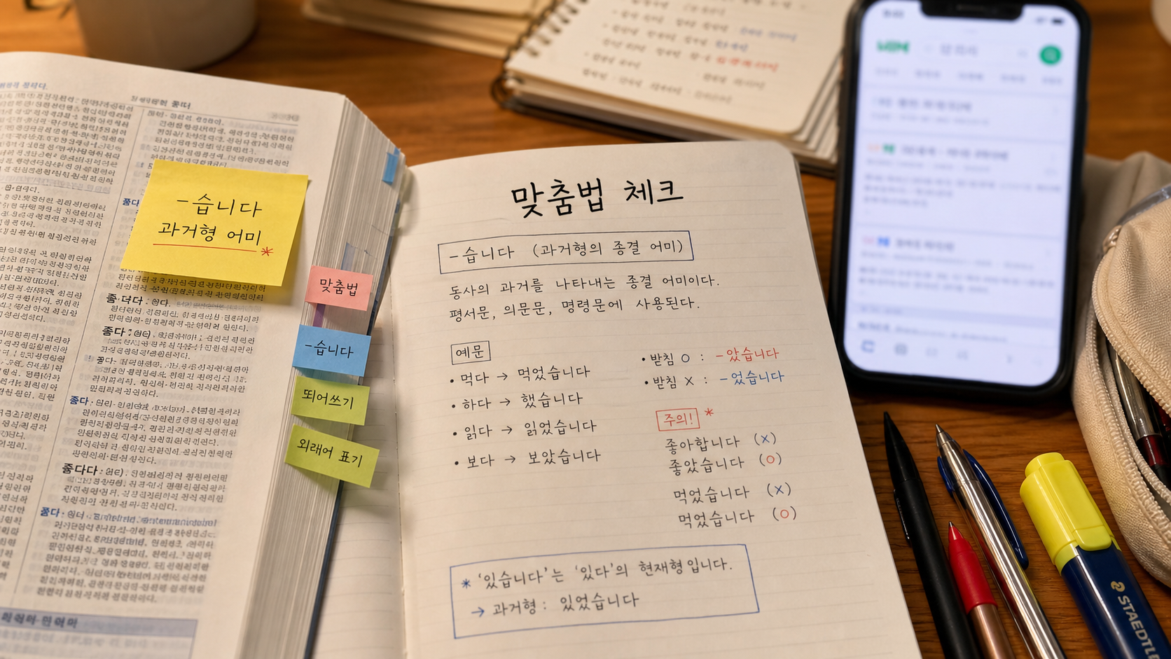 맞춤법 노트에 습니다와 음 어미를 구분해 정리한 학습 장면